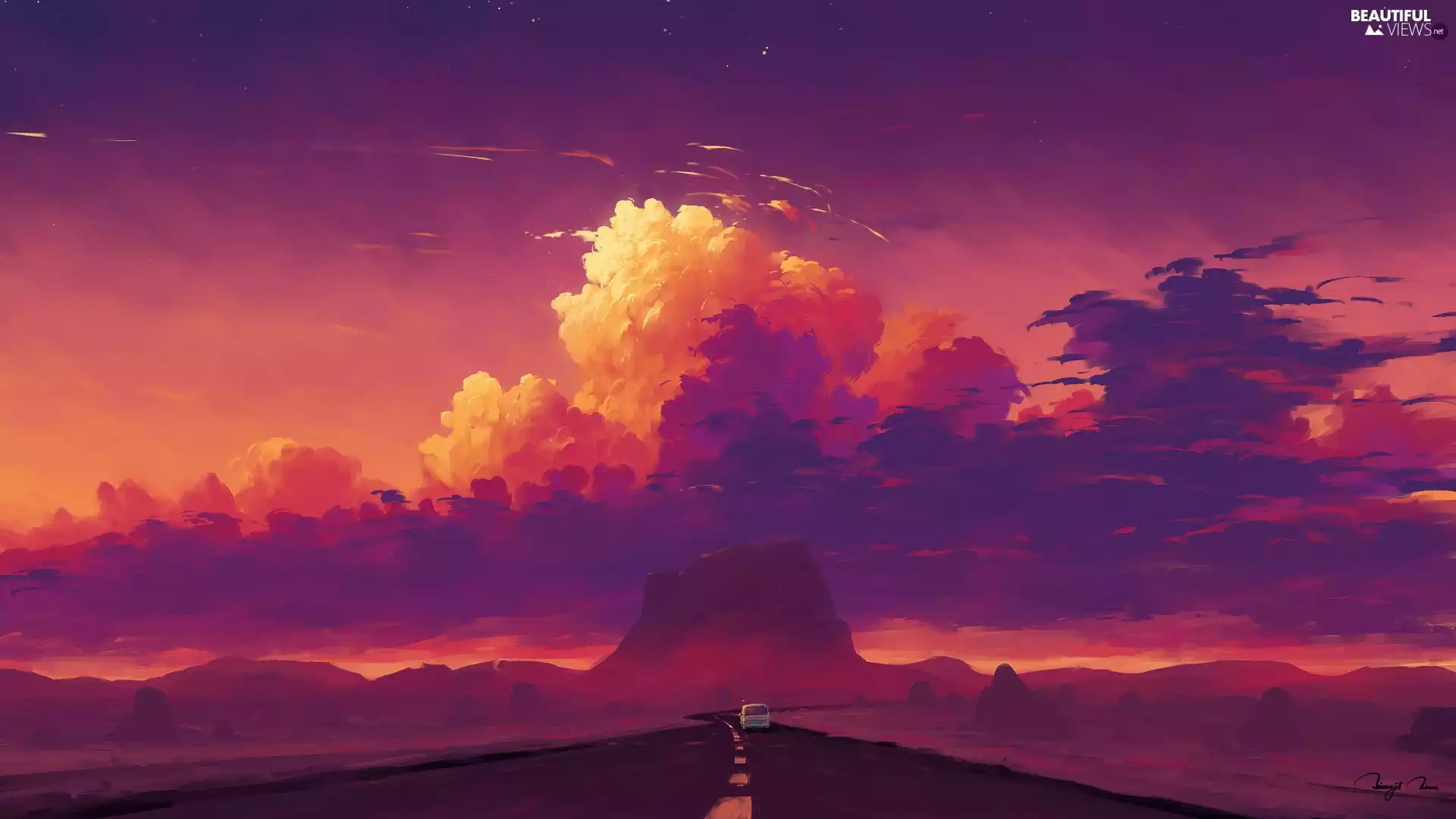 Great Sunsets, graphics, Way, Automobile, Mountains, clouds