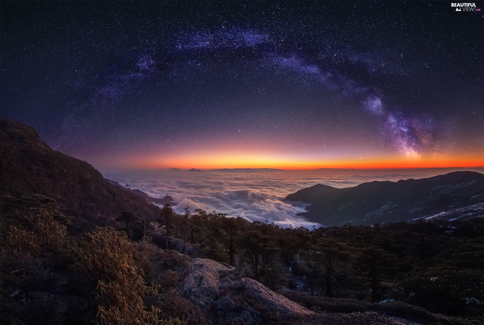 woods, Mountains, Star way, star, Night, clouds