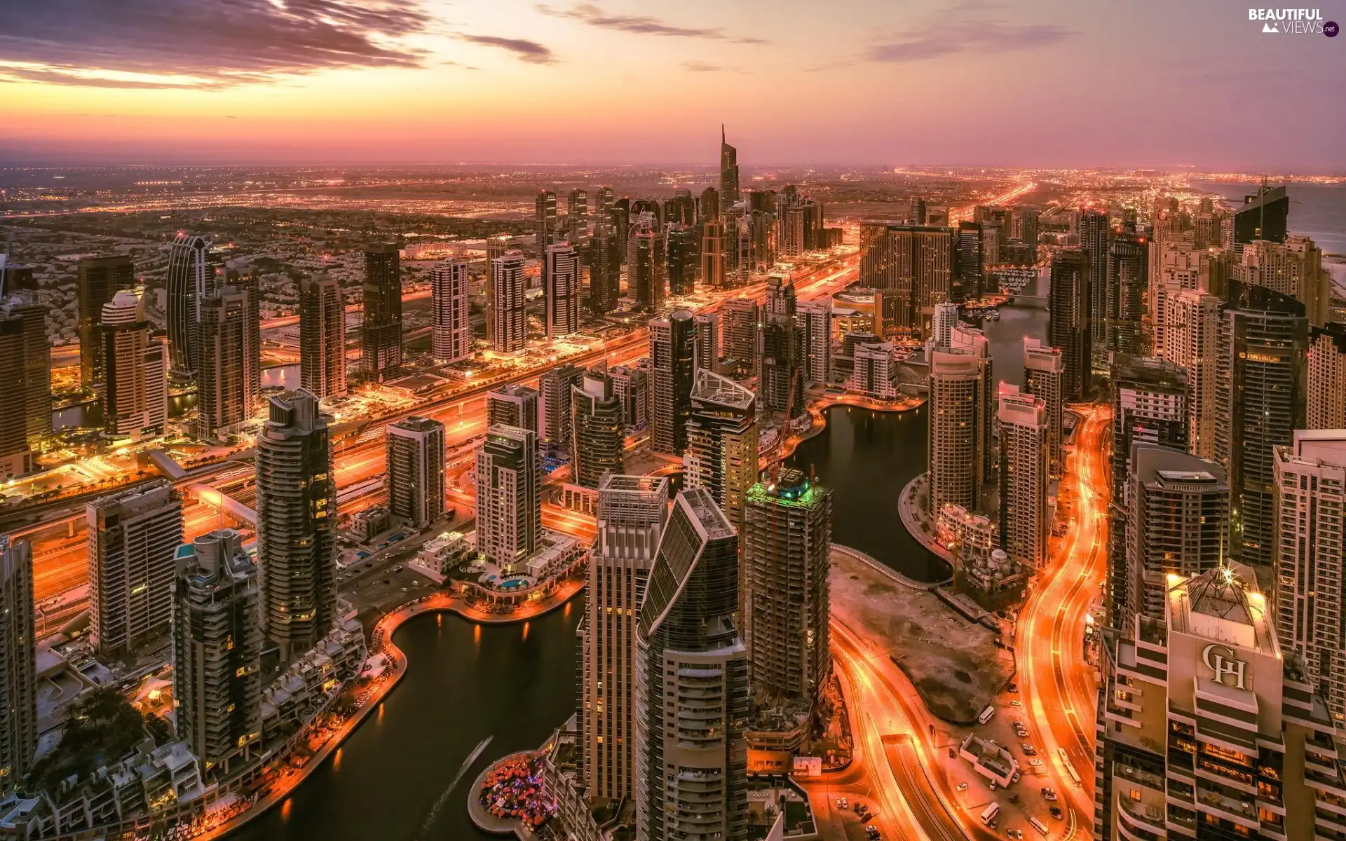 Bridges, clouds, sun, roads, skyscrapers, west, Dubaj