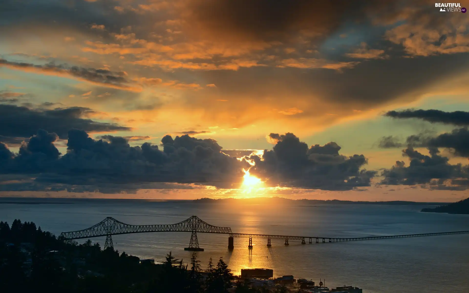 sea, bridge, west, sun, clouds, Island