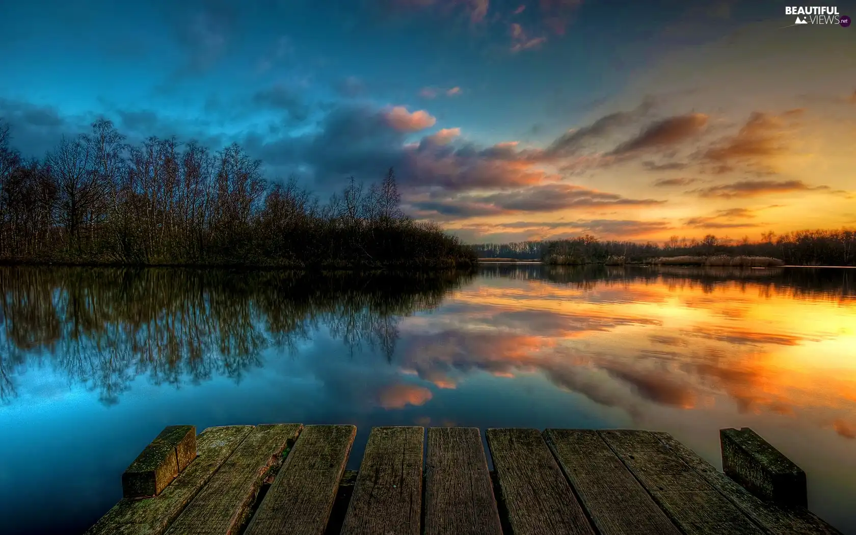 Platform, lake, west, sun, clouds, woods