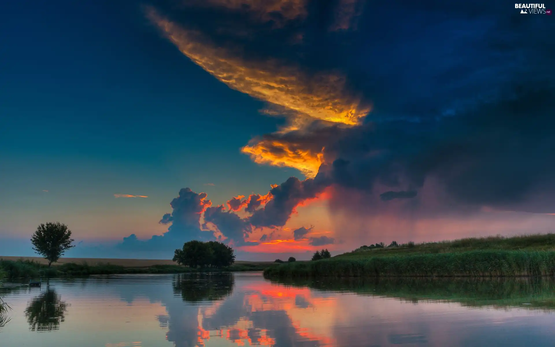 viewes, River, west, sun, clouds, trees