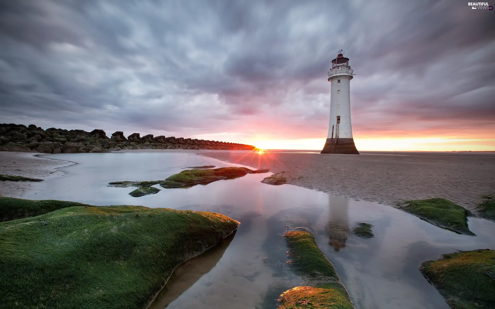 maritime, sea, west, sun, clouds, Lighthouse