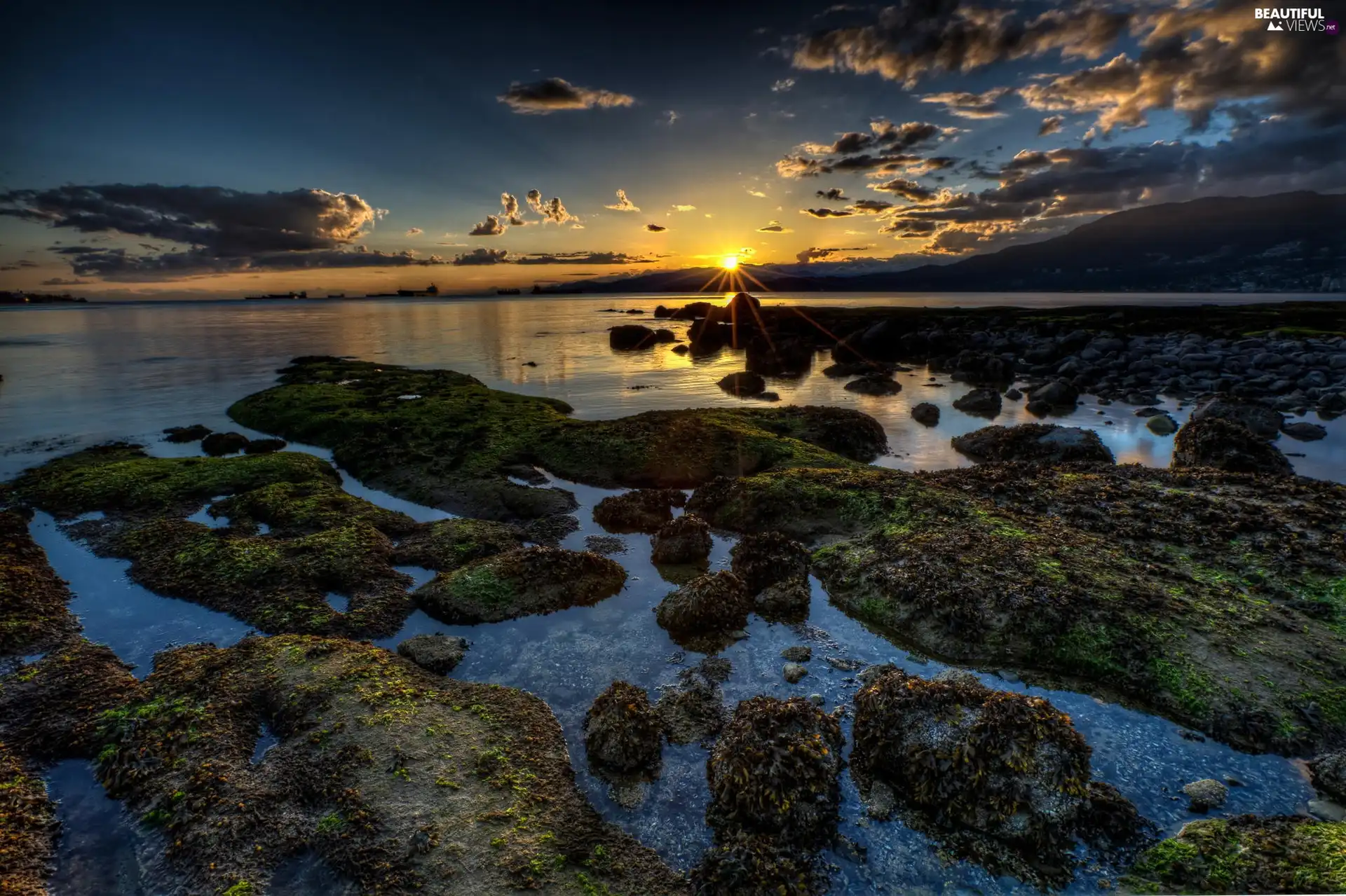 Sky, Seashore, west, Sun, clouds, sea