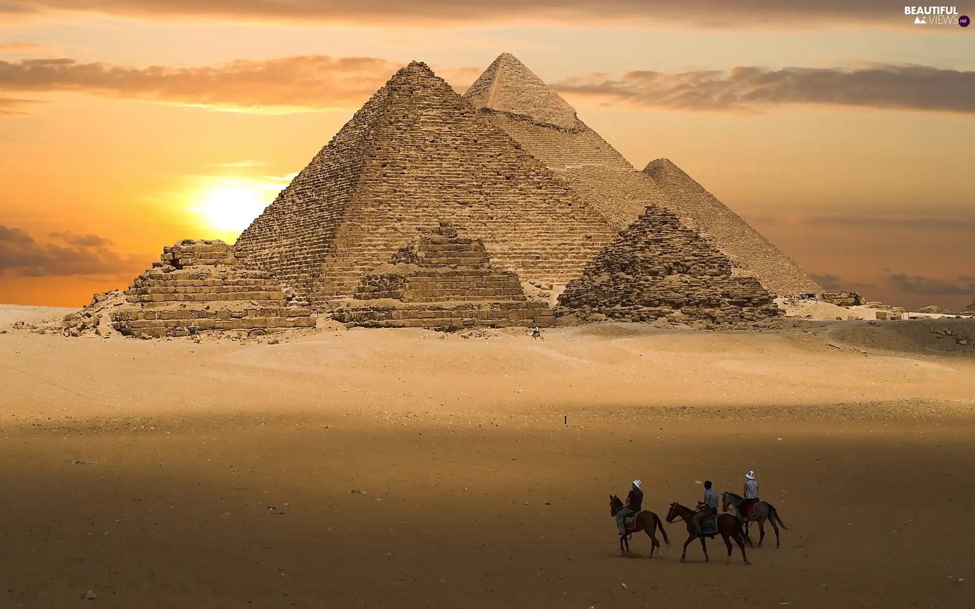 west, sun, Pyramids, Riders, Desert