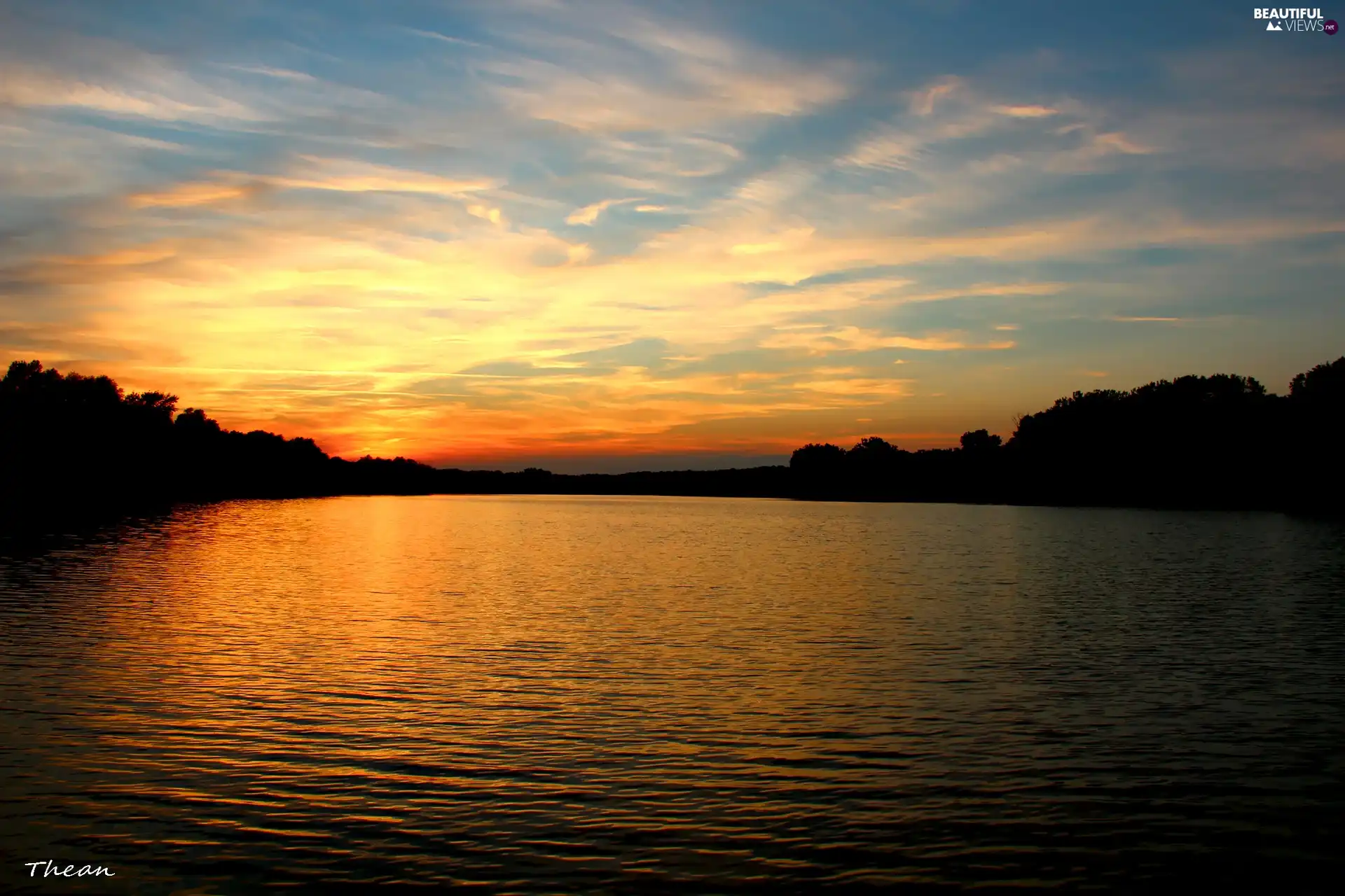 west, sun, by, lake, evening