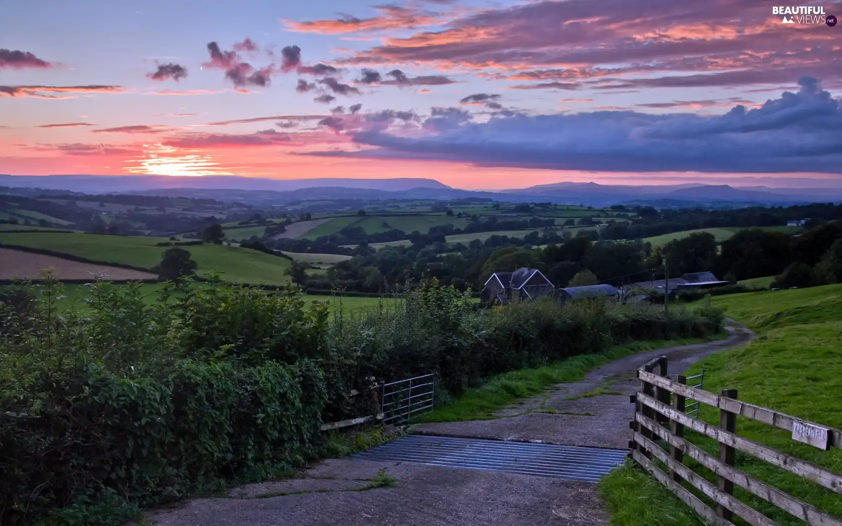 west, sun, Houses, Way, field