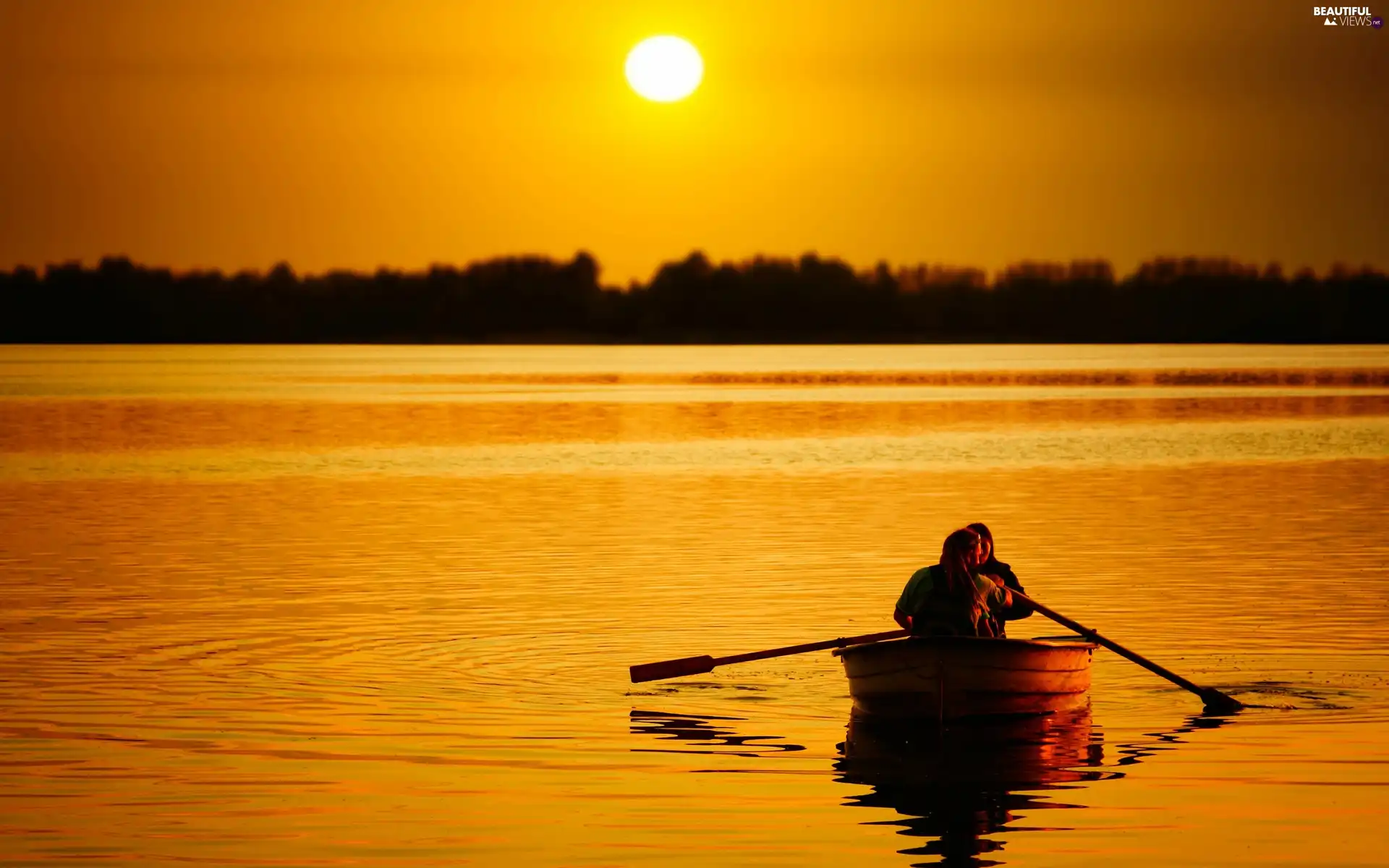 lake, Boat, west, sun, forest, People