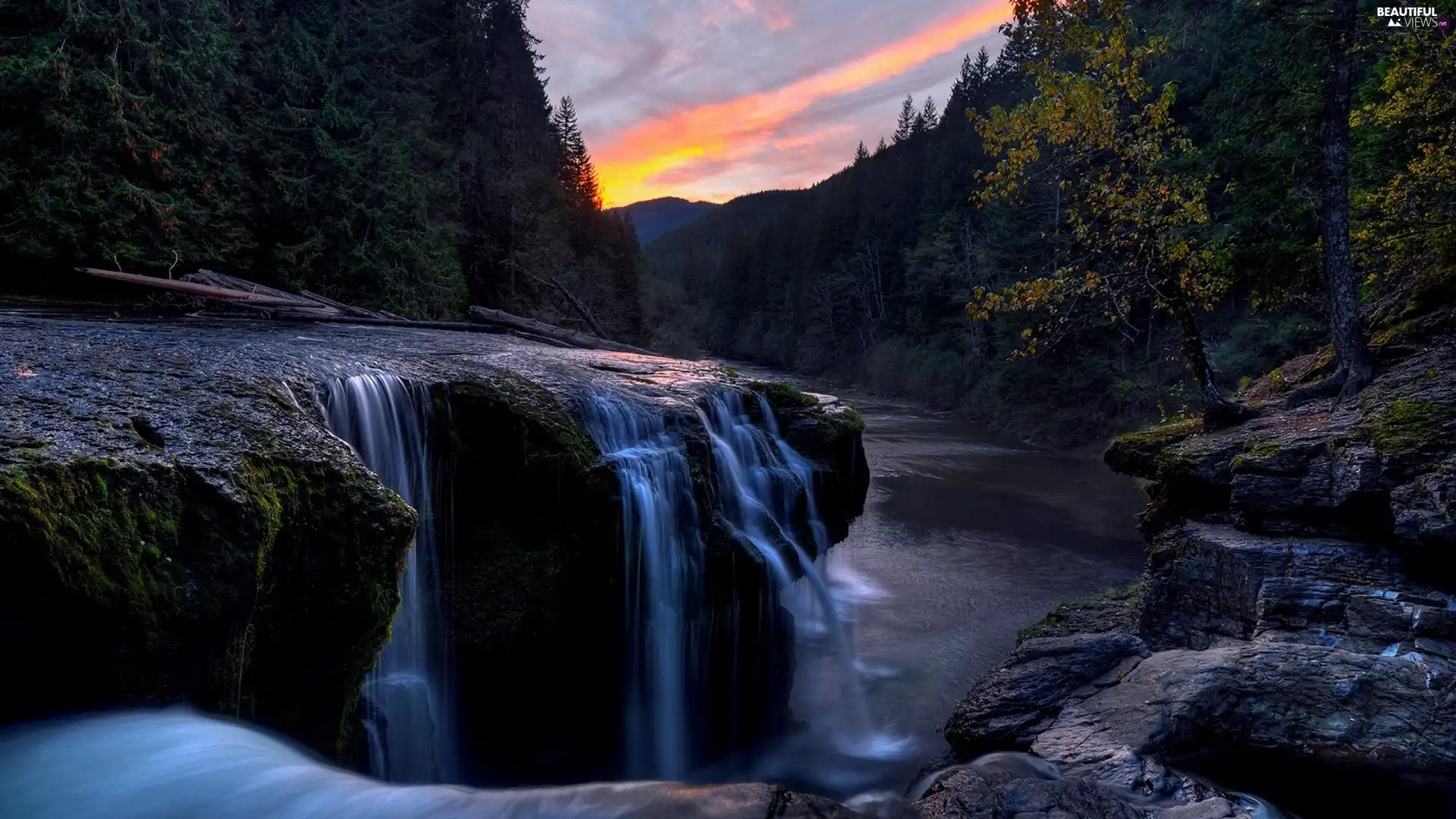 rocks, River, west, sun, forest, waterfall