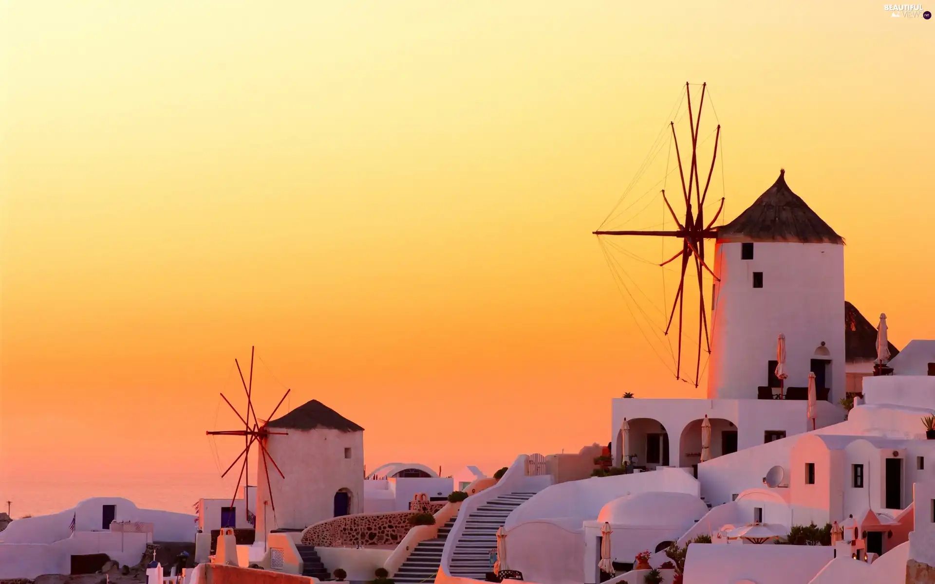 santorini, Windmills, west, sun, Greece, Houses