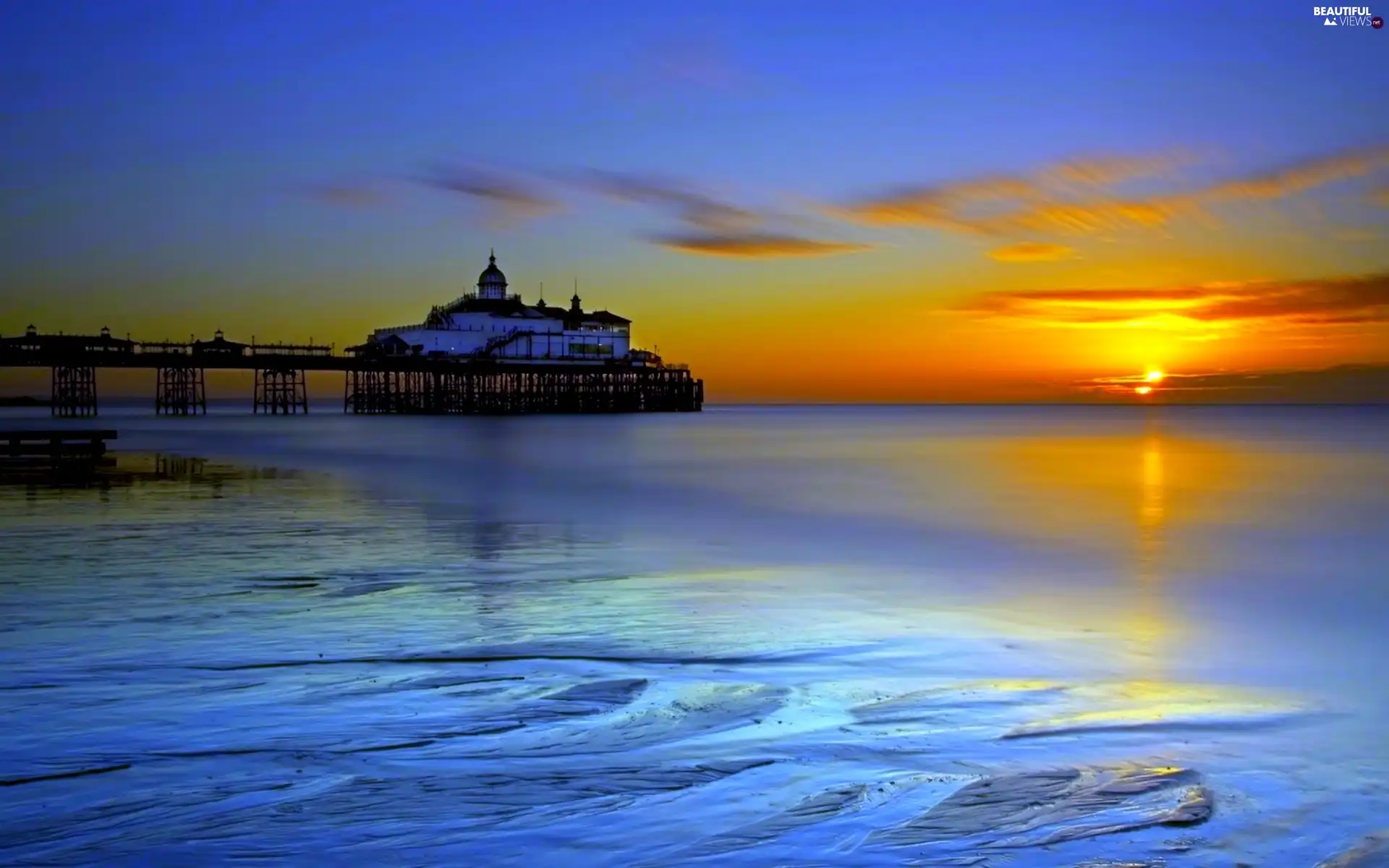 pier, sea, west, sun, house, Beaches