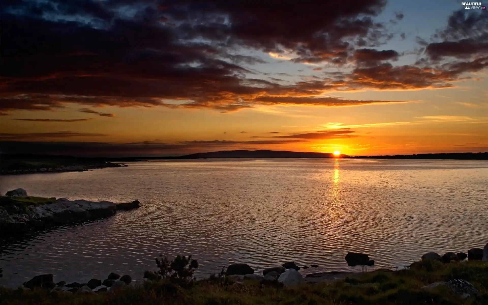 west, sun, Sky, clouds, lake