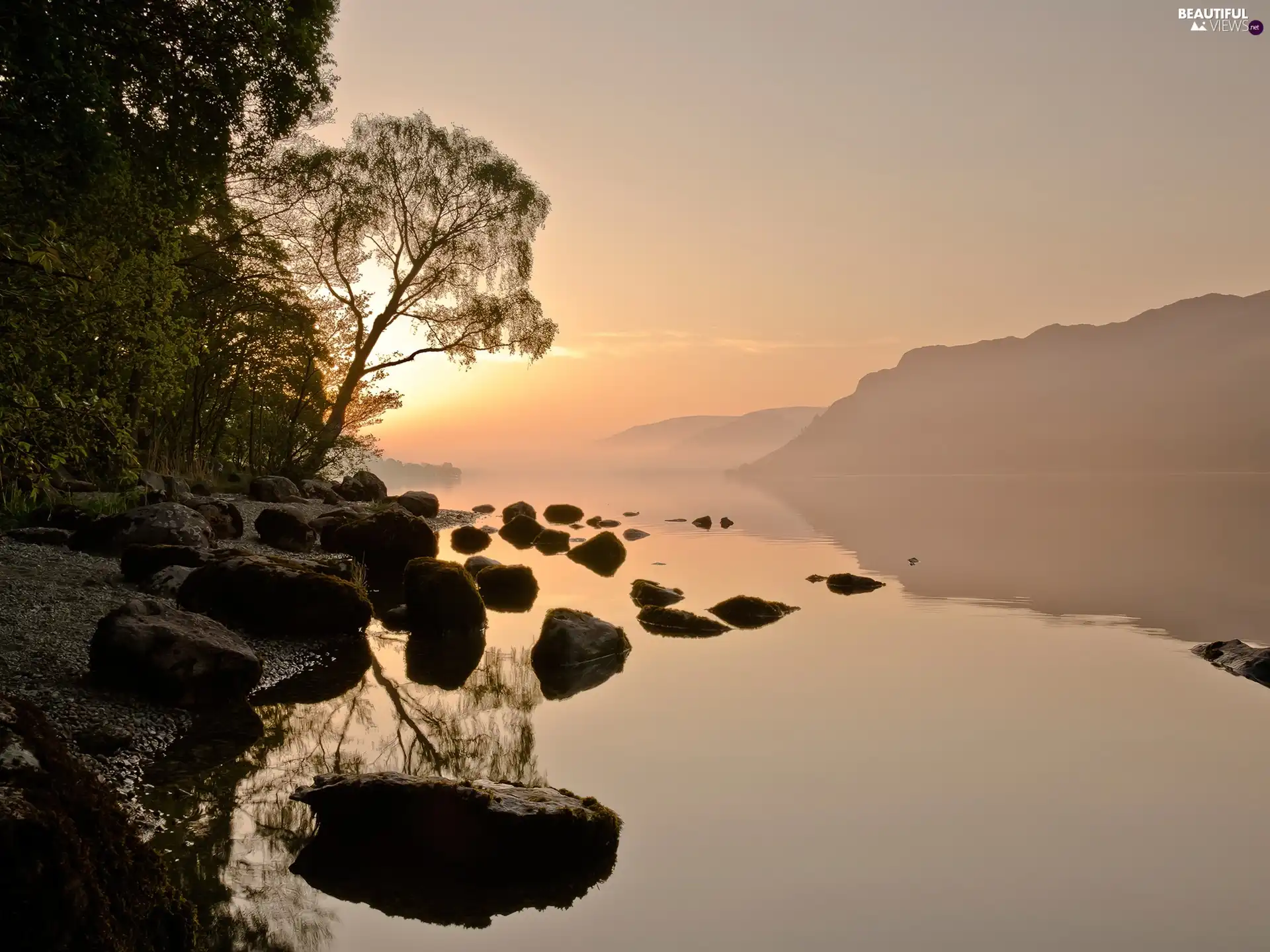 west, sun, Mountains, Stones, lake