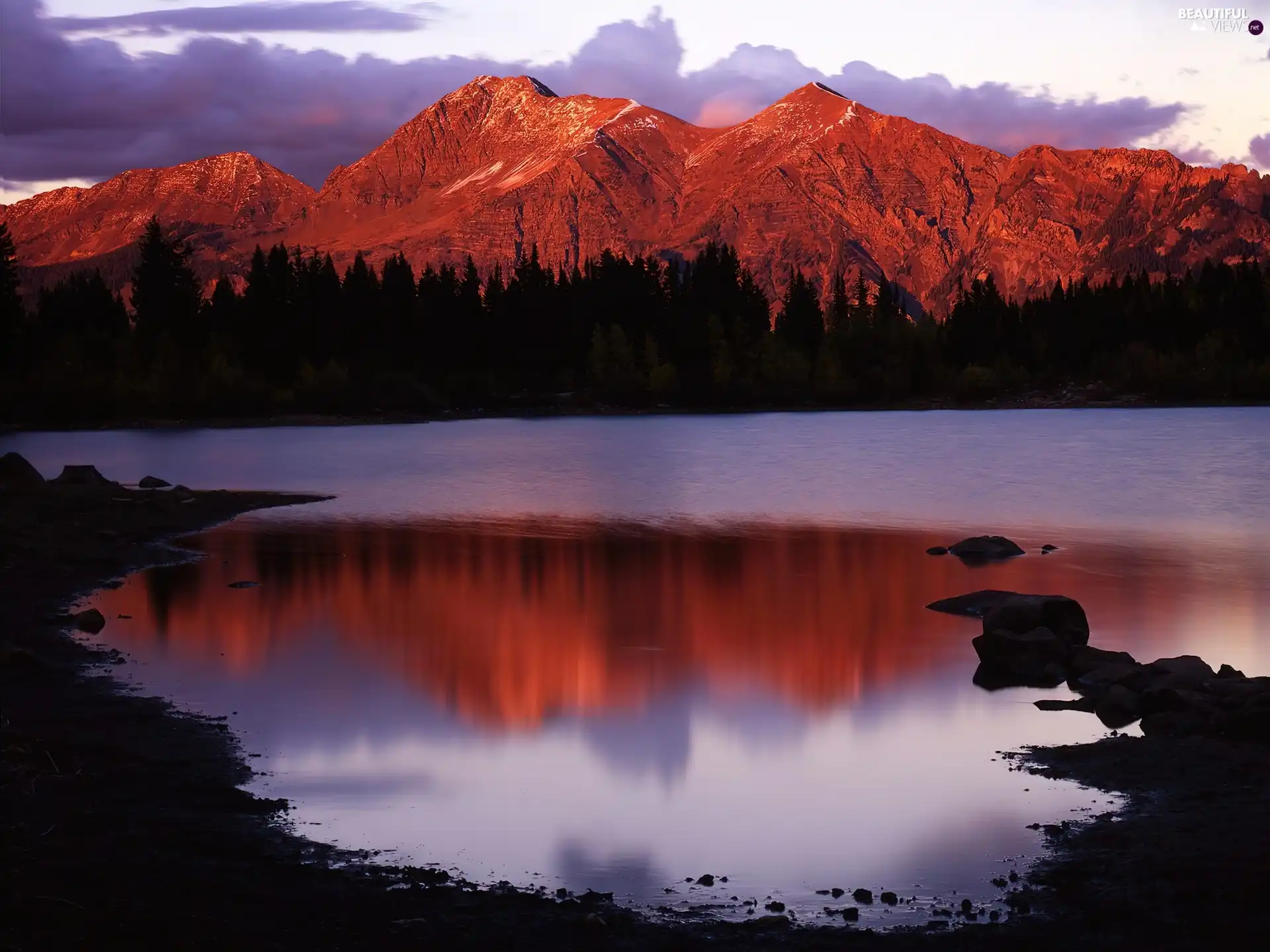 west, sun, lake, reflection, Mountains