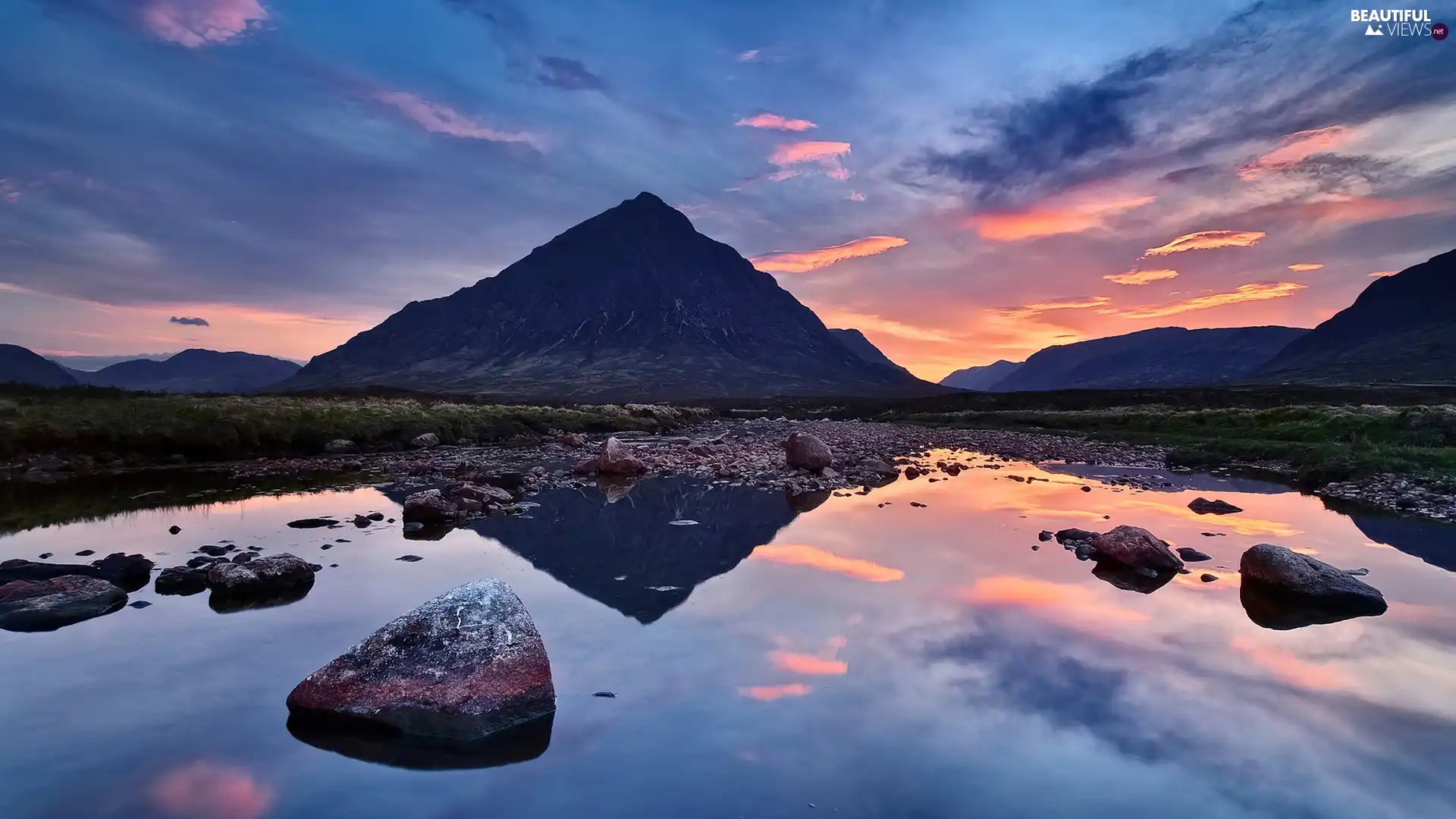 west, sun, Stones, water, Mountains