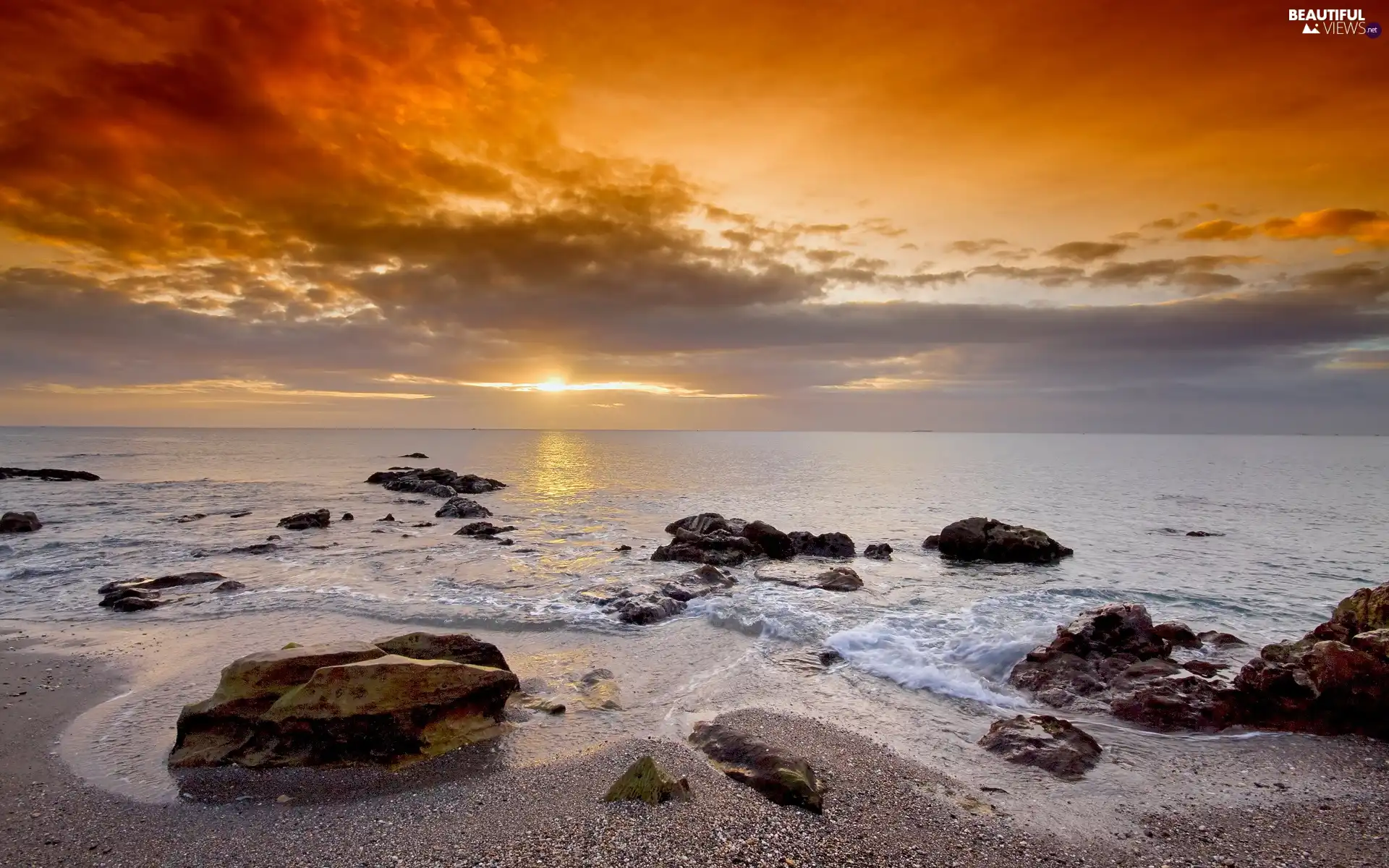 west, sun, rocks, clouds, sea