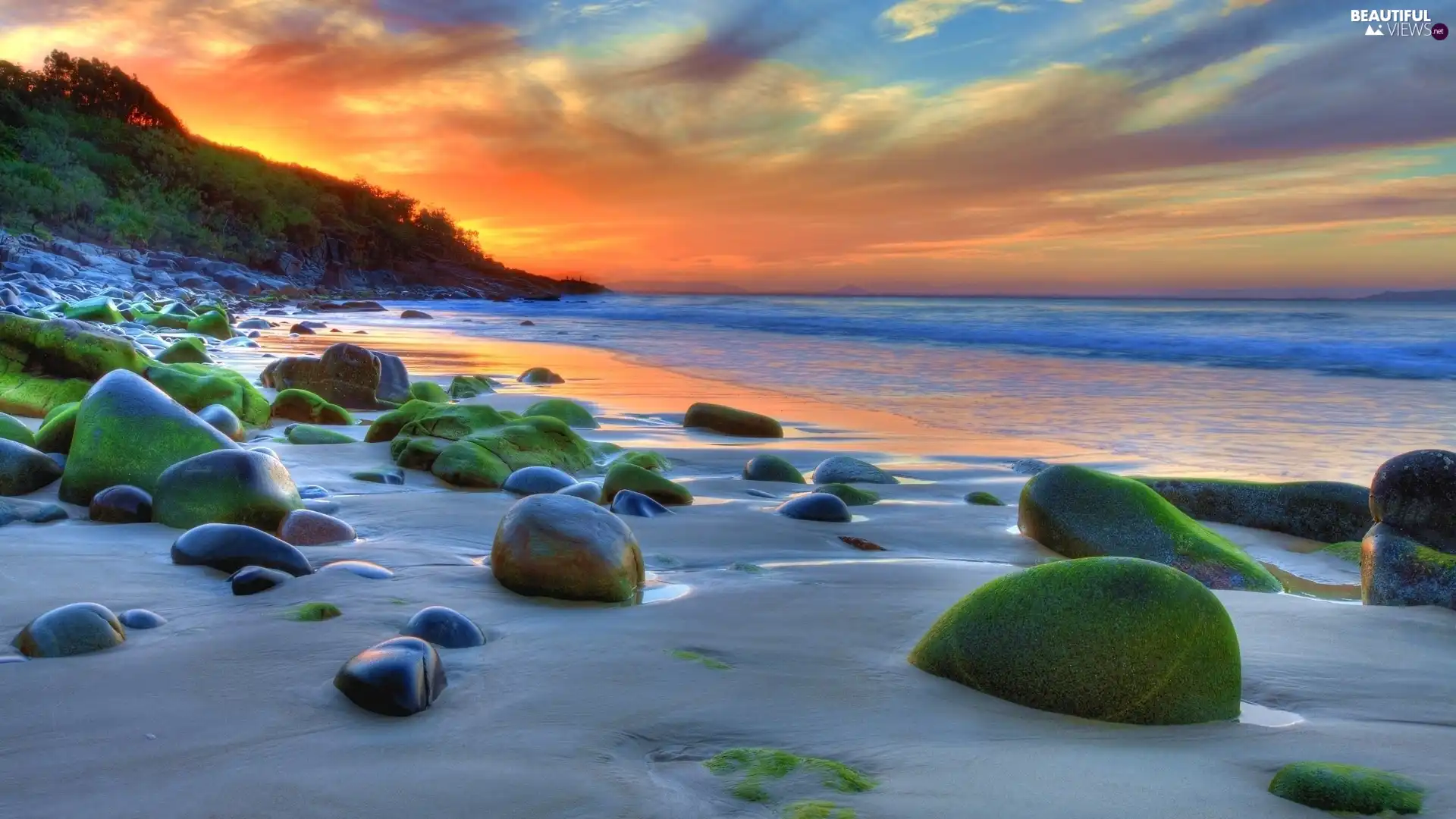 west, sun, Beaches, Stones, sea