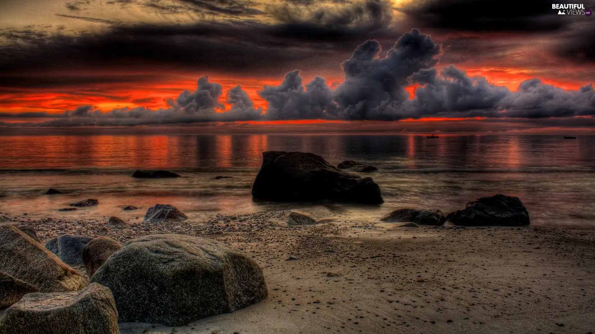 west, sun, Beaches, Stones, sea