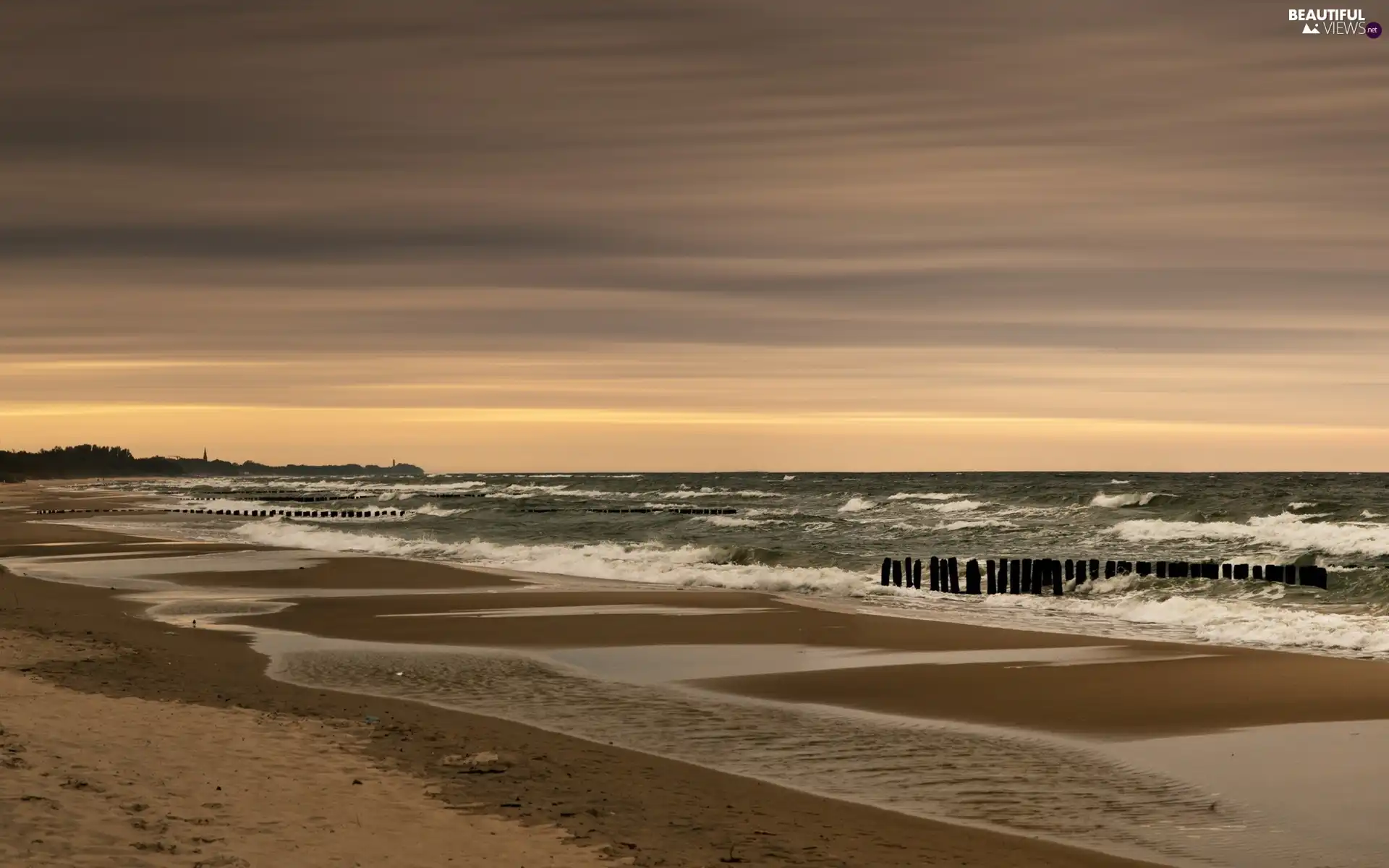 west, sun, Beaches, Waves, sea