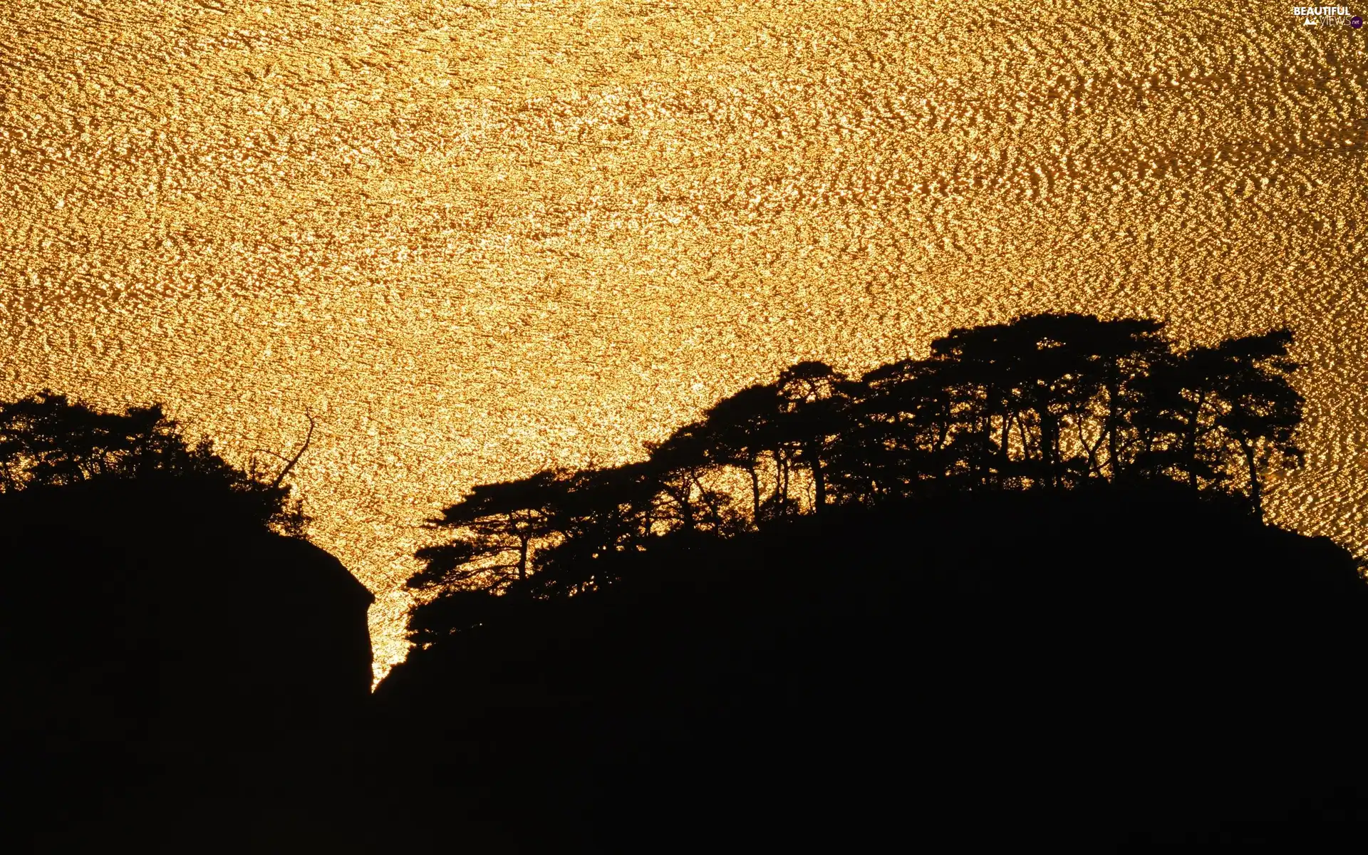 west, sun, Mountains, trees, shadow