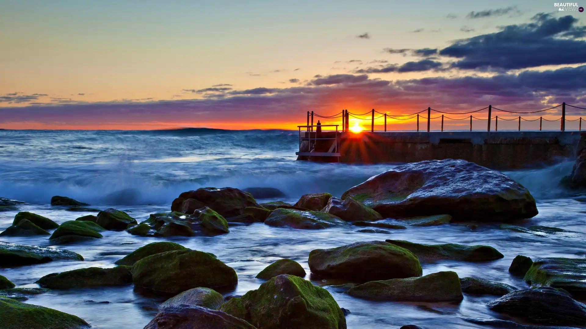 coast, sea, west, sun, Stones, pier