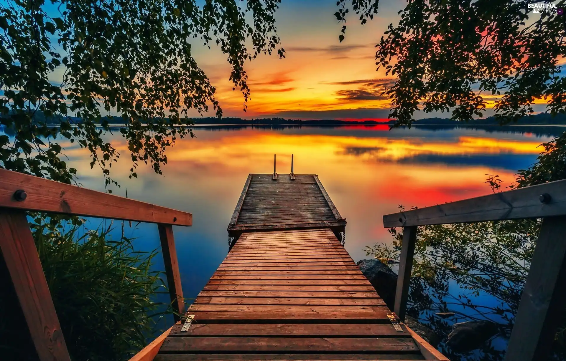 trees, lake, west, sun, viewes, Platform