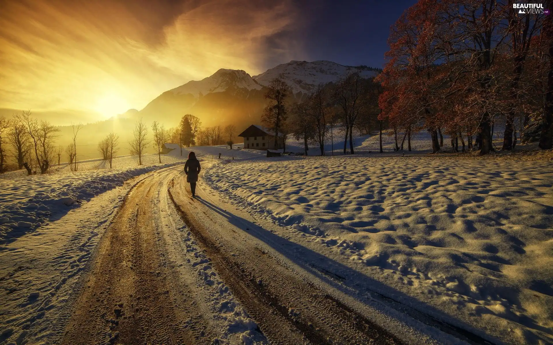 Mountains, Women, sun, house, Way, west, winter