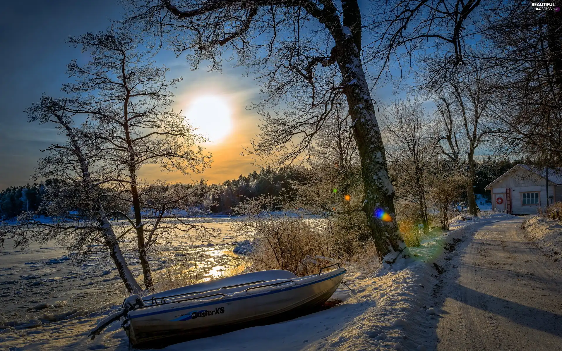 Way, woods, sun, Lodz, River, west, winter