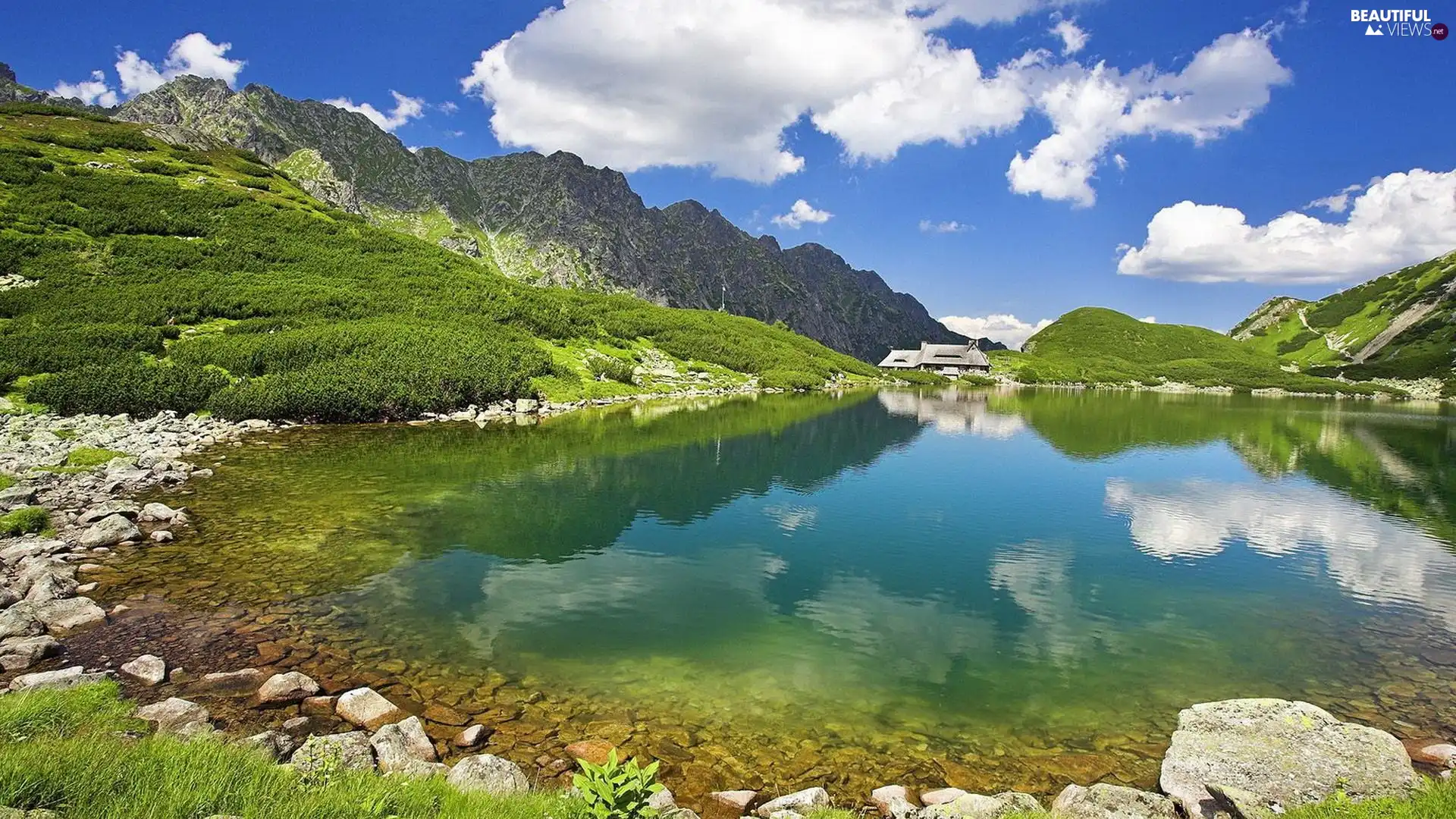 White, clouds, lake, Stones, Mountains