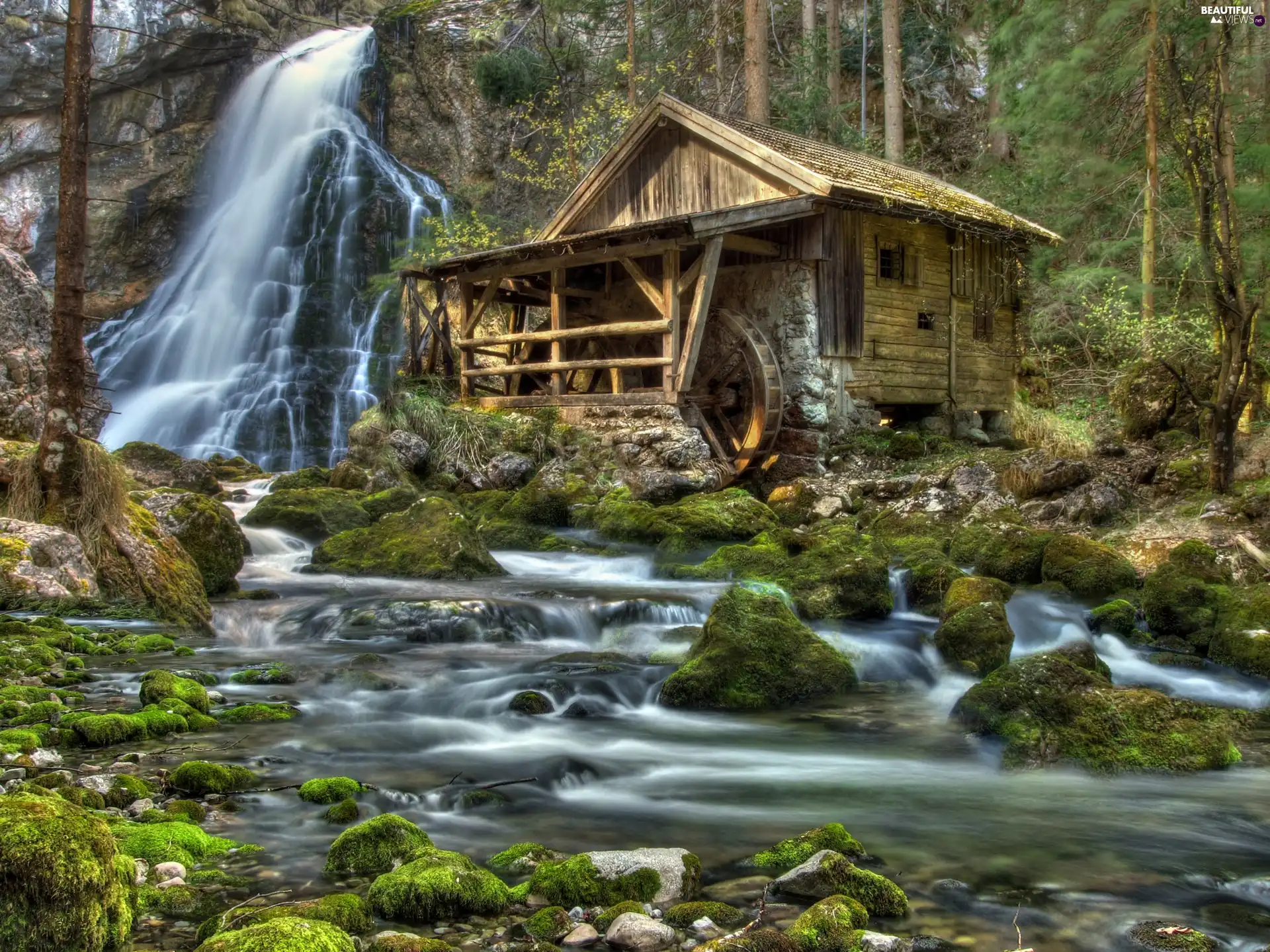 Windmill, forest, River, Stones, waterfall