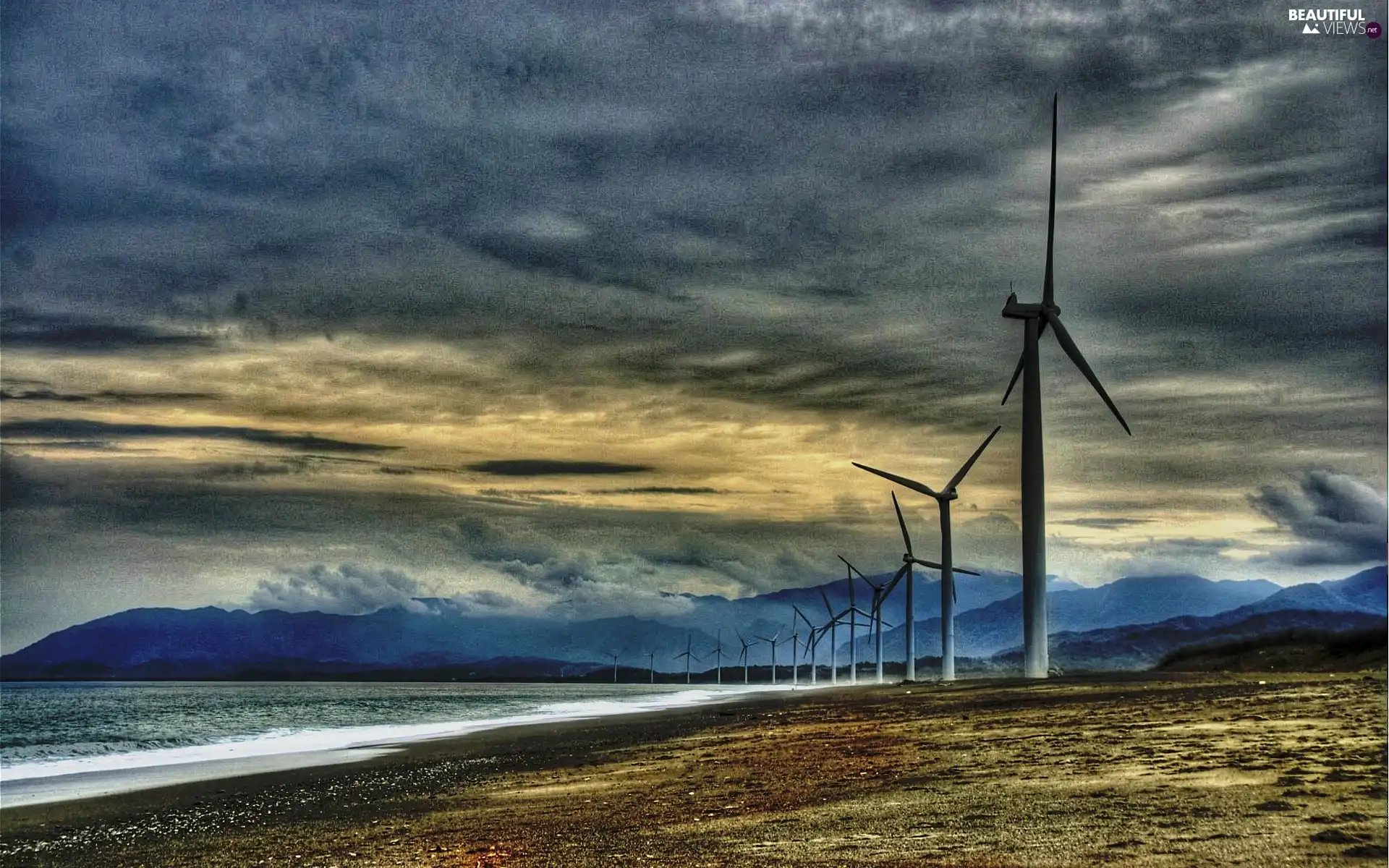 clouds, sea, Windmills, Mountains