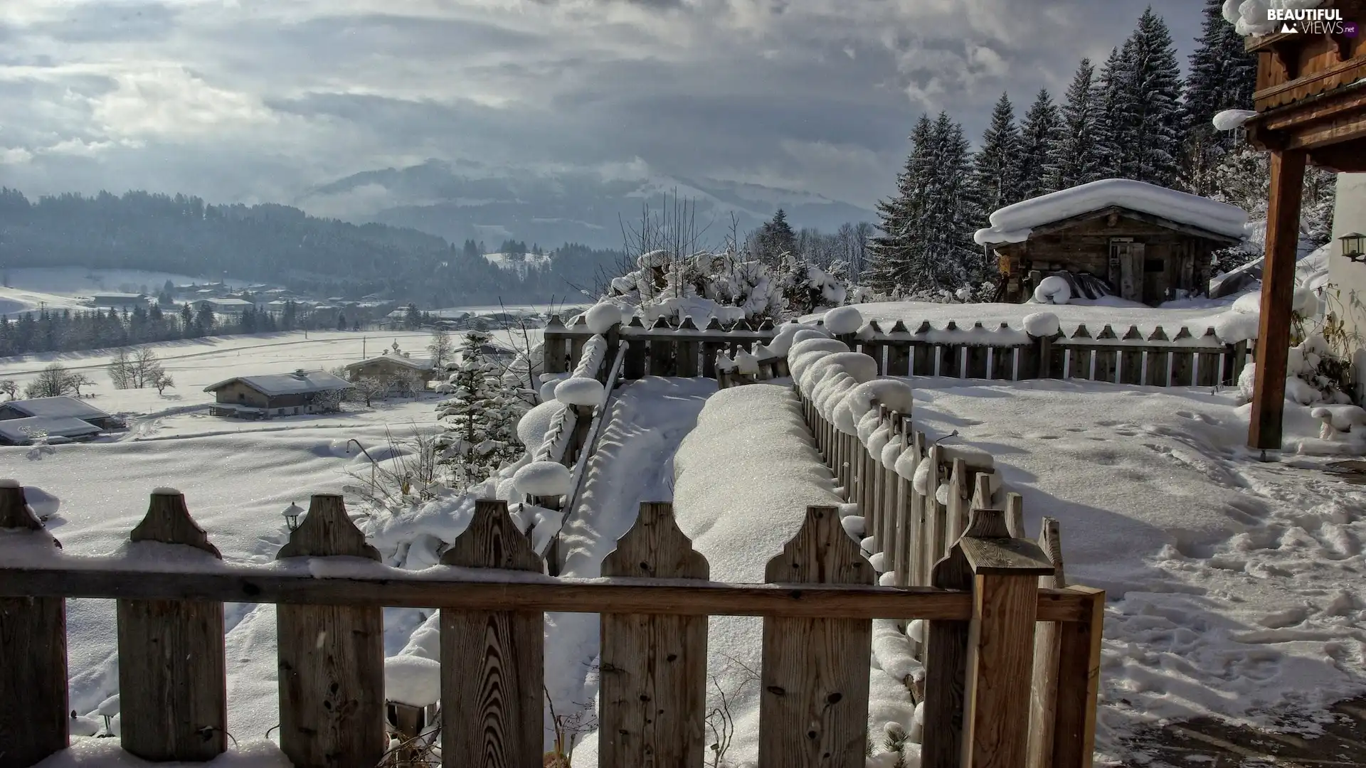 winter, Mountains, buildings