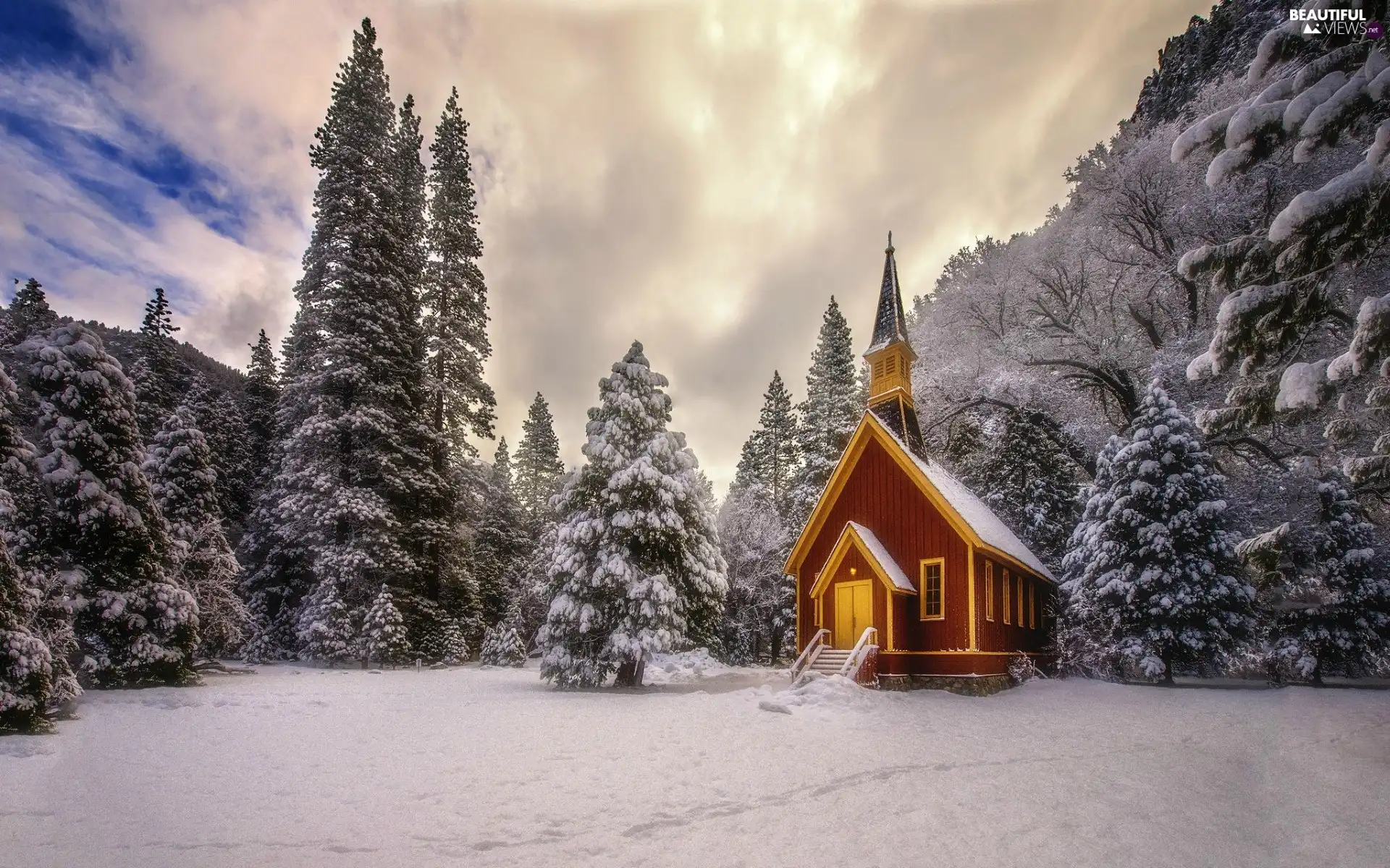 forest, Spruces, viewes, State of California, chapel, winter, trees, The United States, Yosemite National Park, church