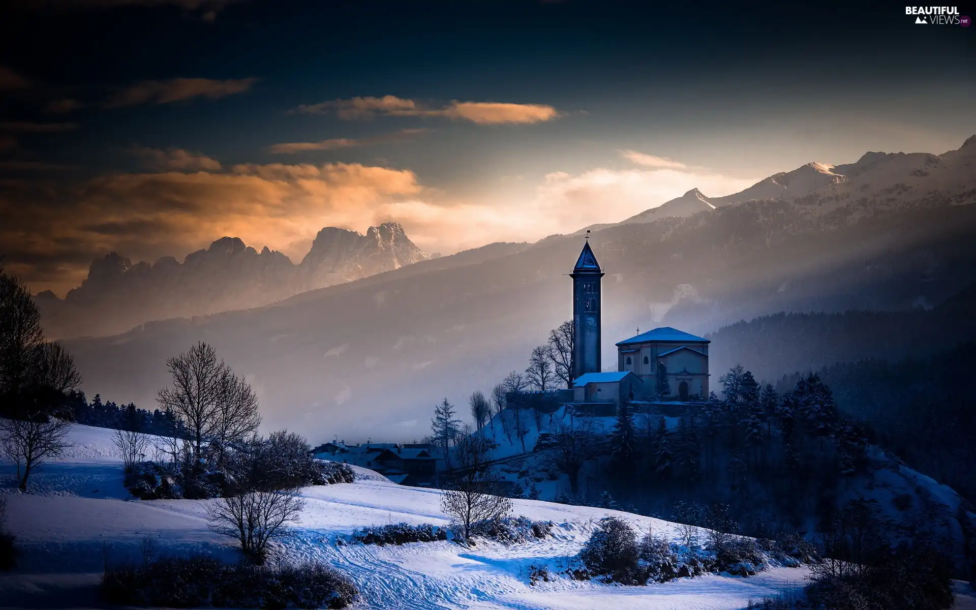 Church, woods, winter, Mountains