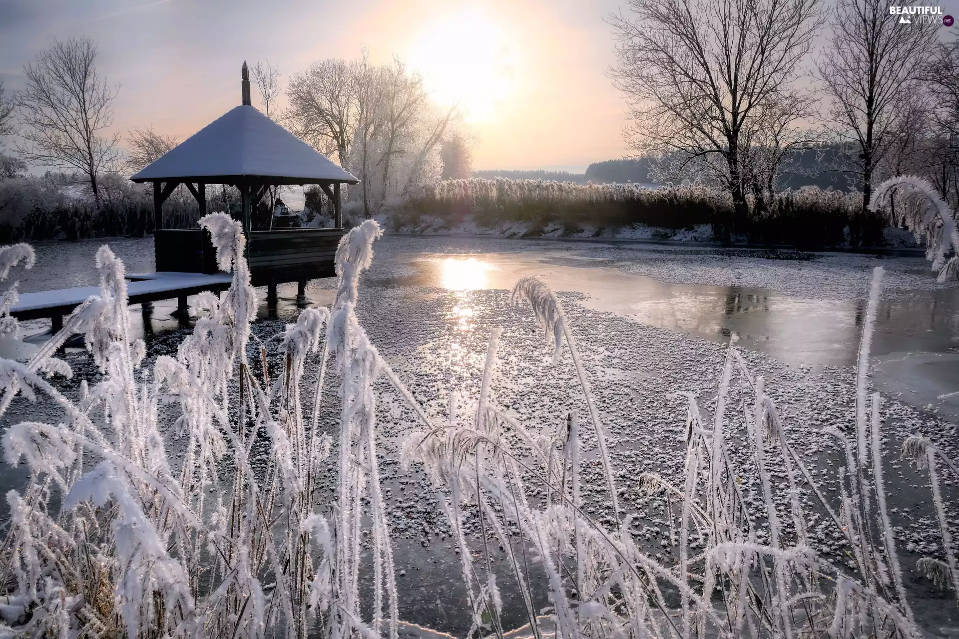 arbour, winter, grass, Platform, lake