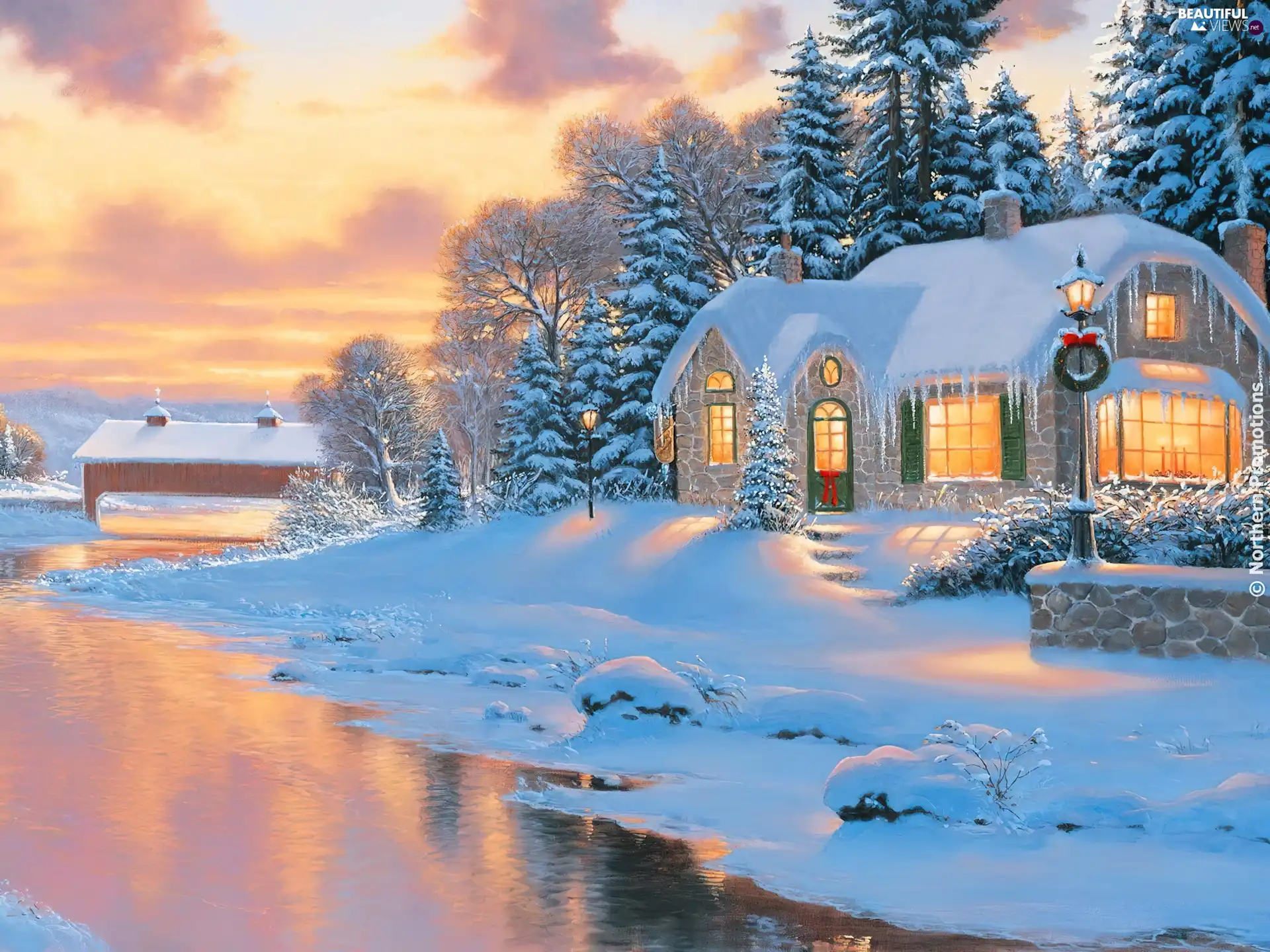 house, river, winter, by