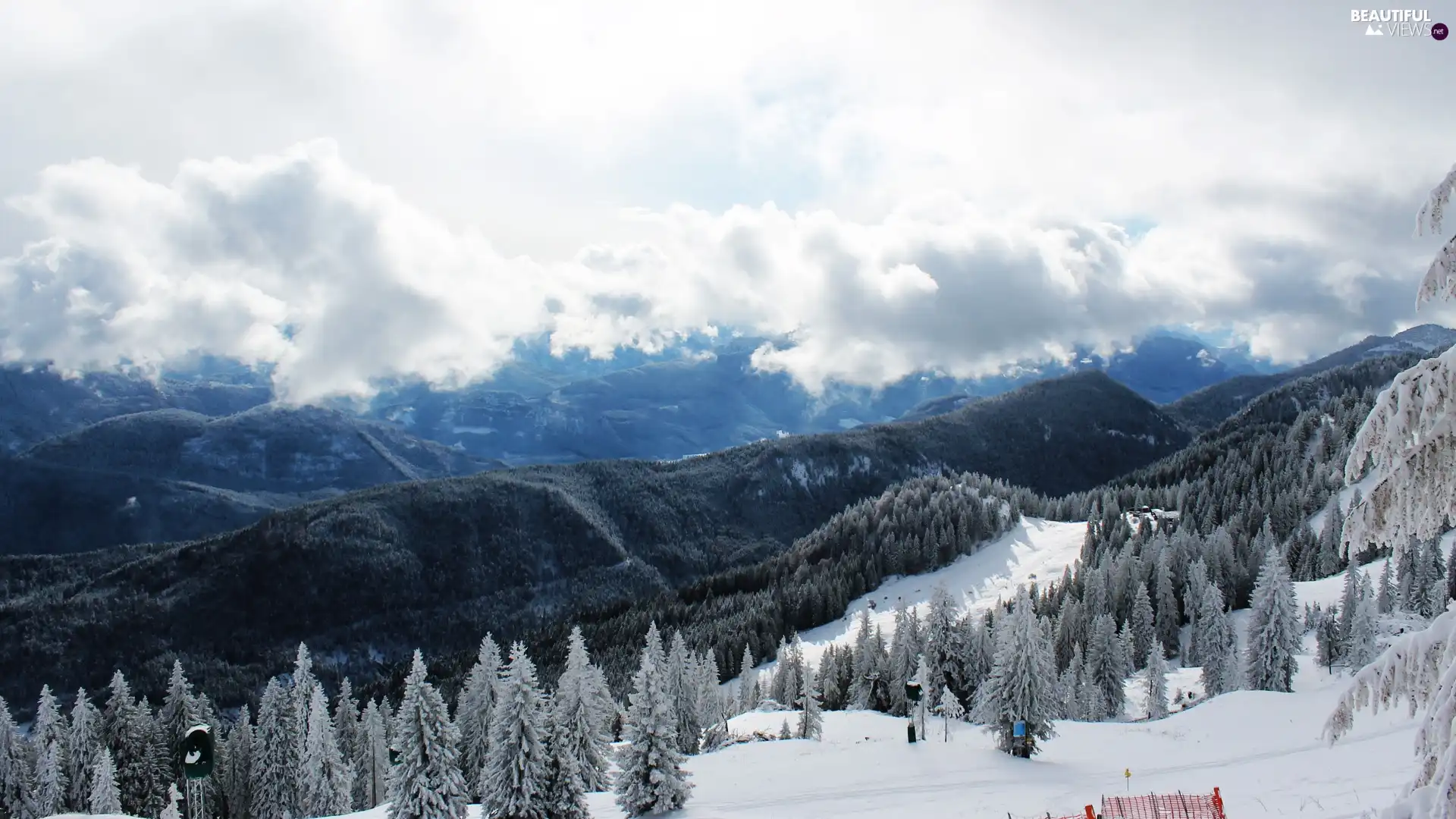 Mountains, clouds, winter, woods