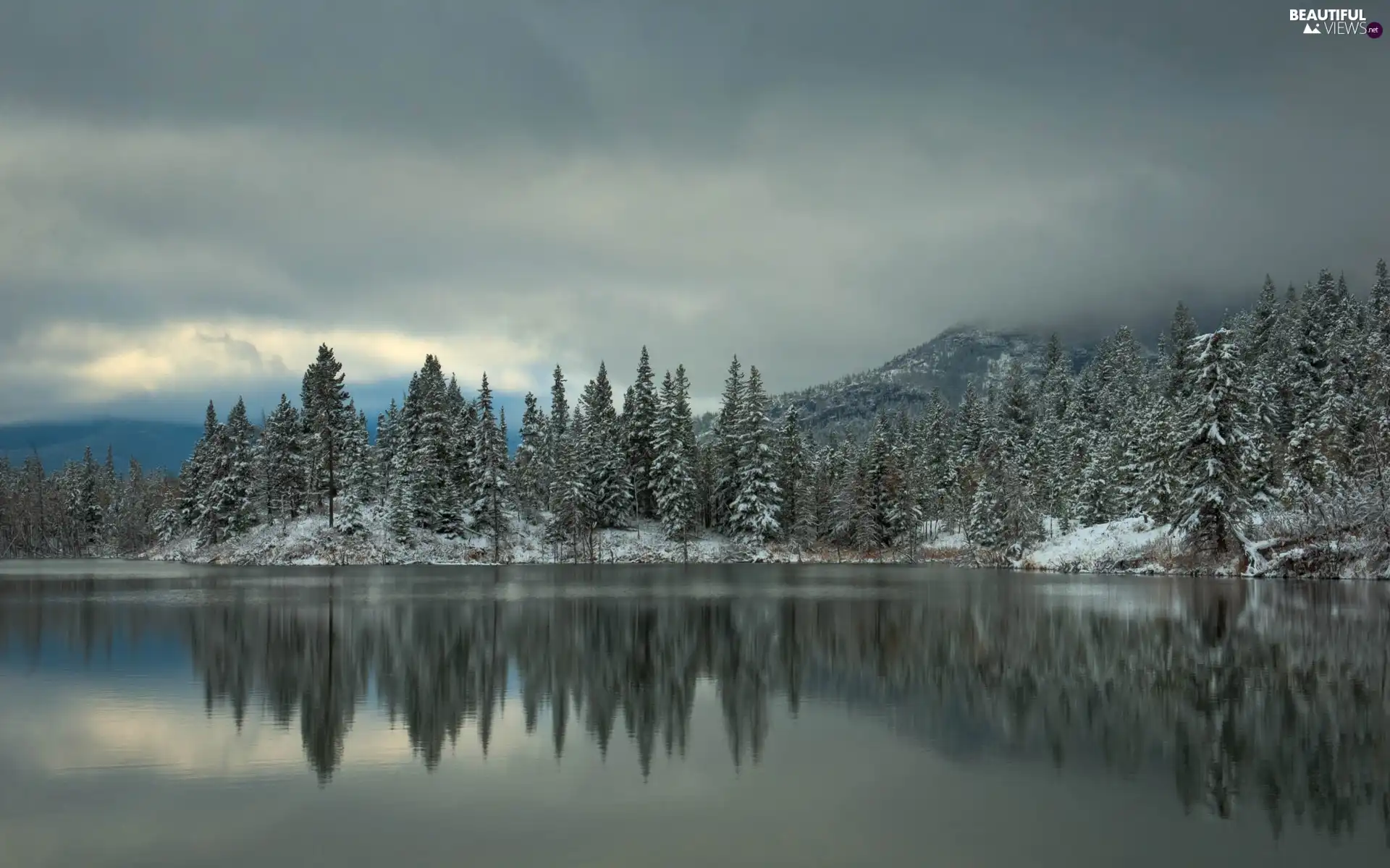 Mountains, lake, winter, forest