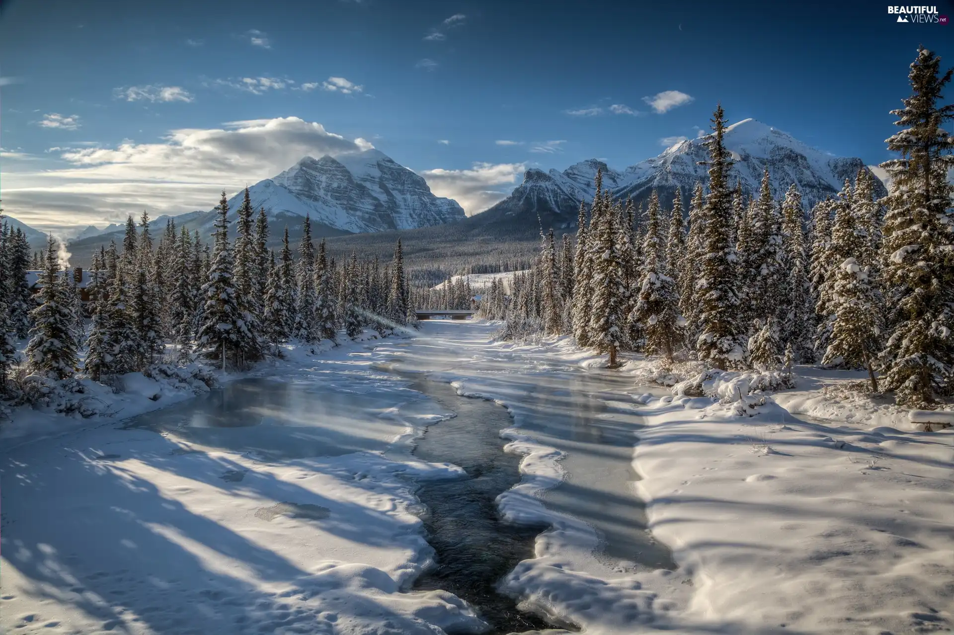 Mountains, River, winter, forest