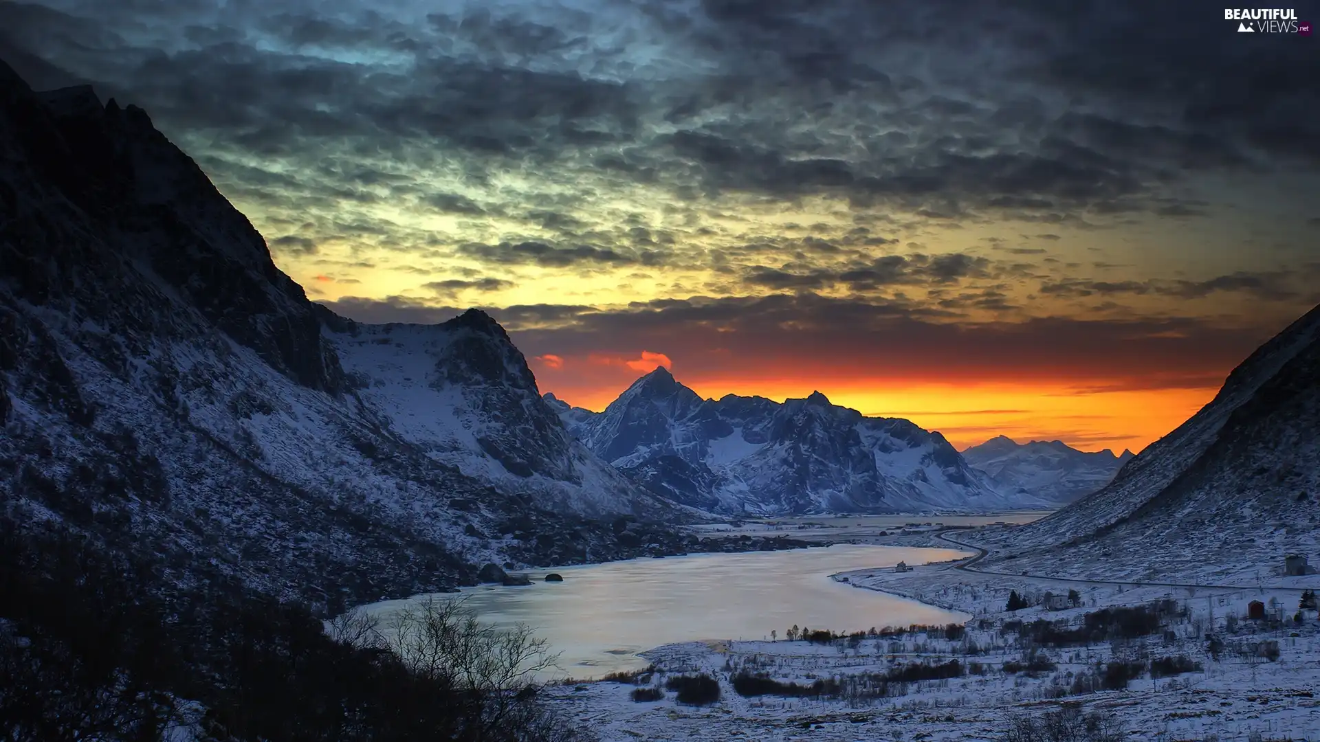 Mountains, Great Sunsets, winter, lake