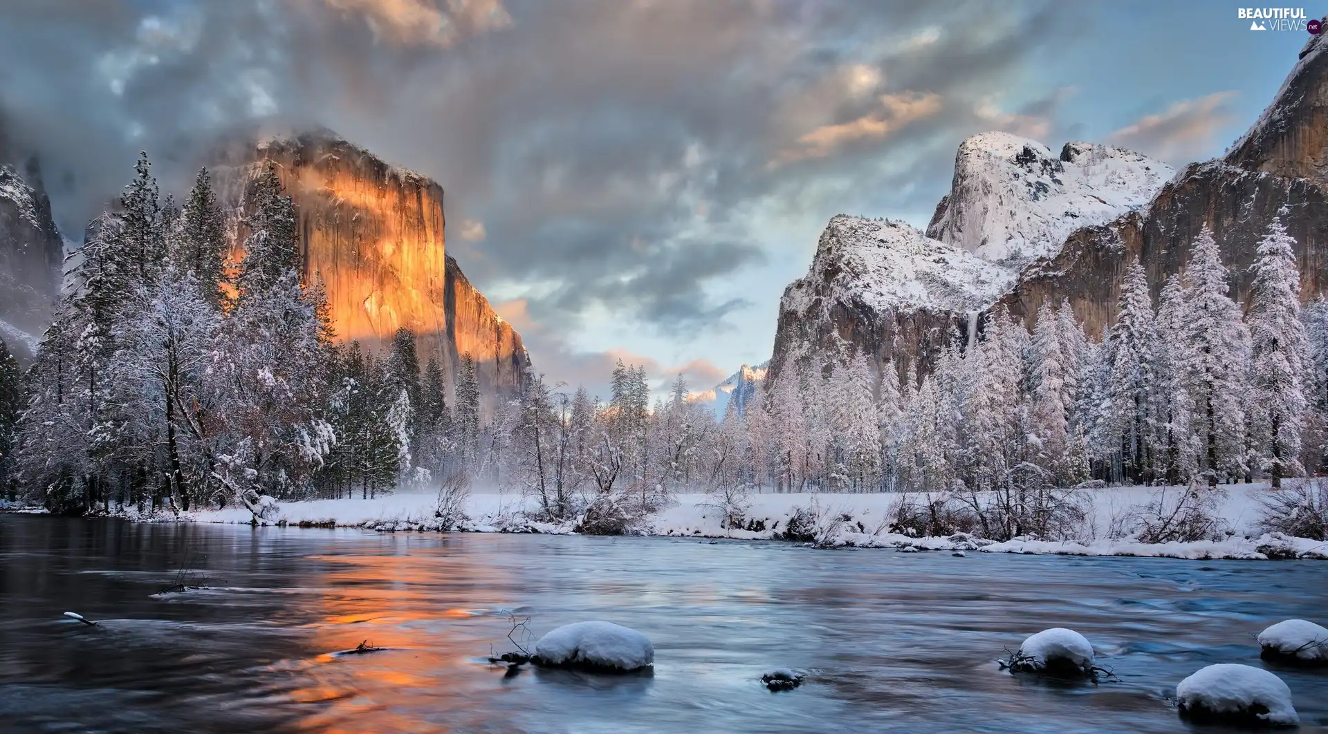 Yosemite National Park, winter, River, Mountains, viewes, State of California, The United States, trees