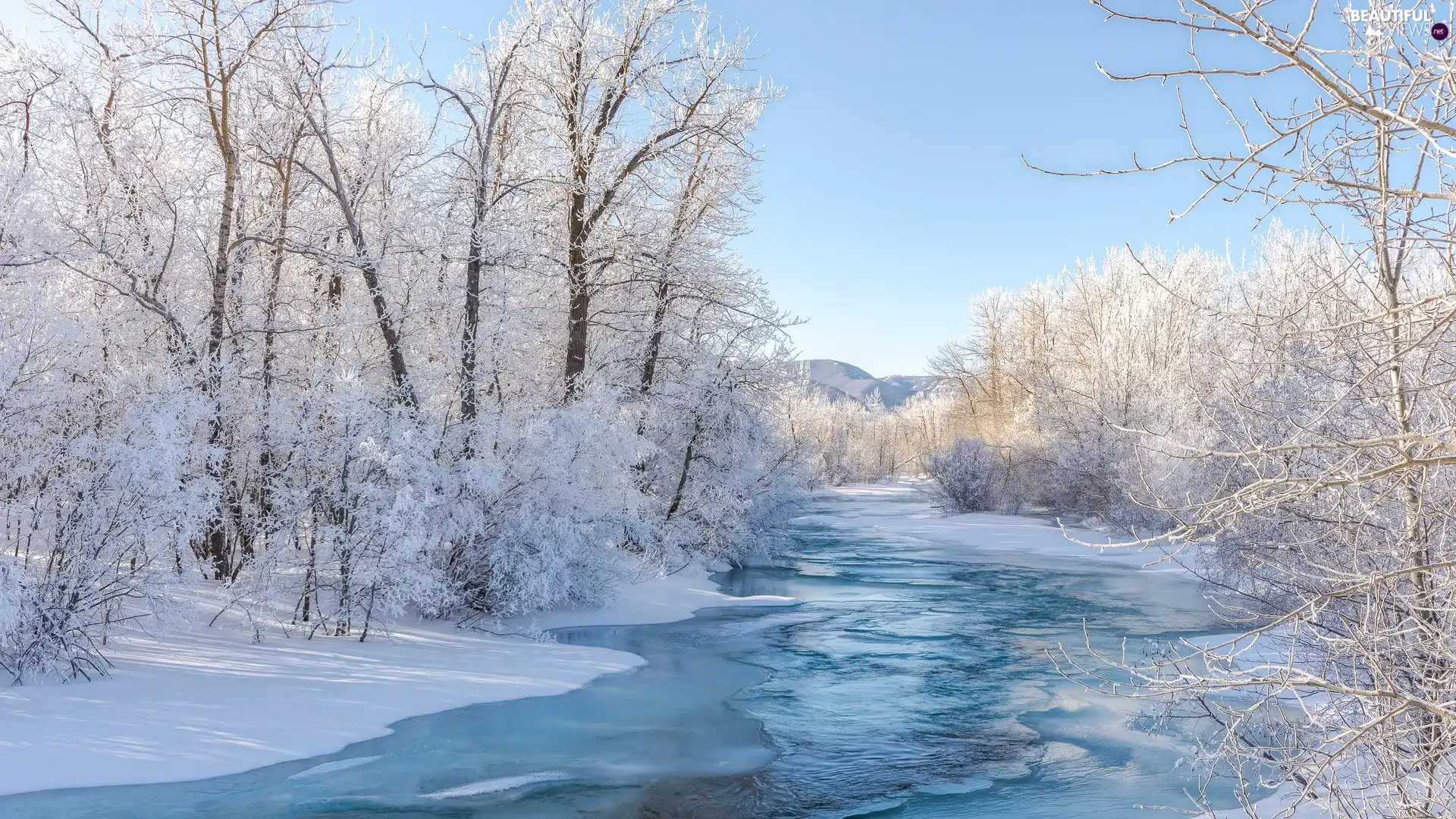 Snowy, River, viewes, winter, trees, Mountains