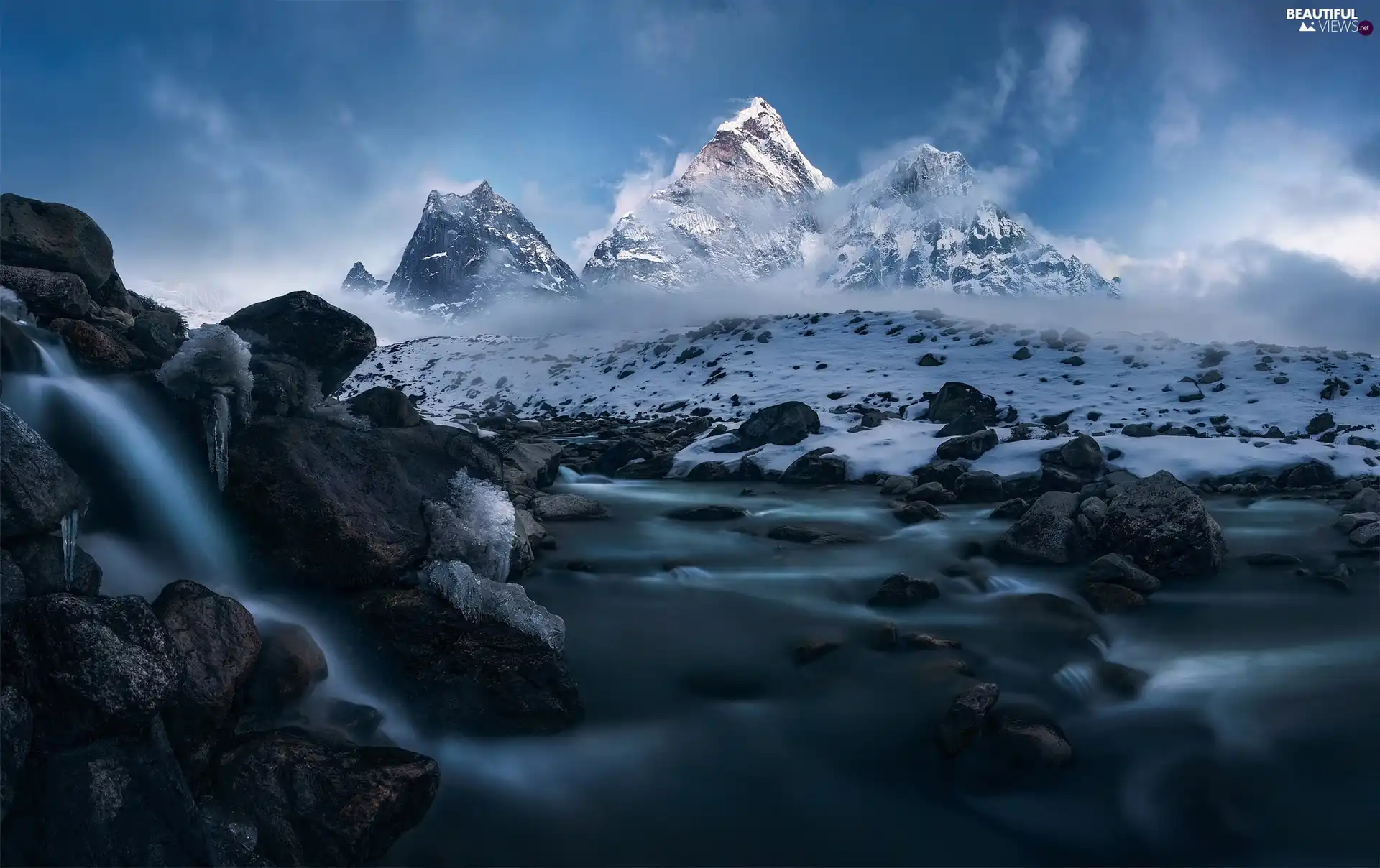 winter, Himalayas, River, Ama Dablam Summit, Nepal, Mountains, Stones
