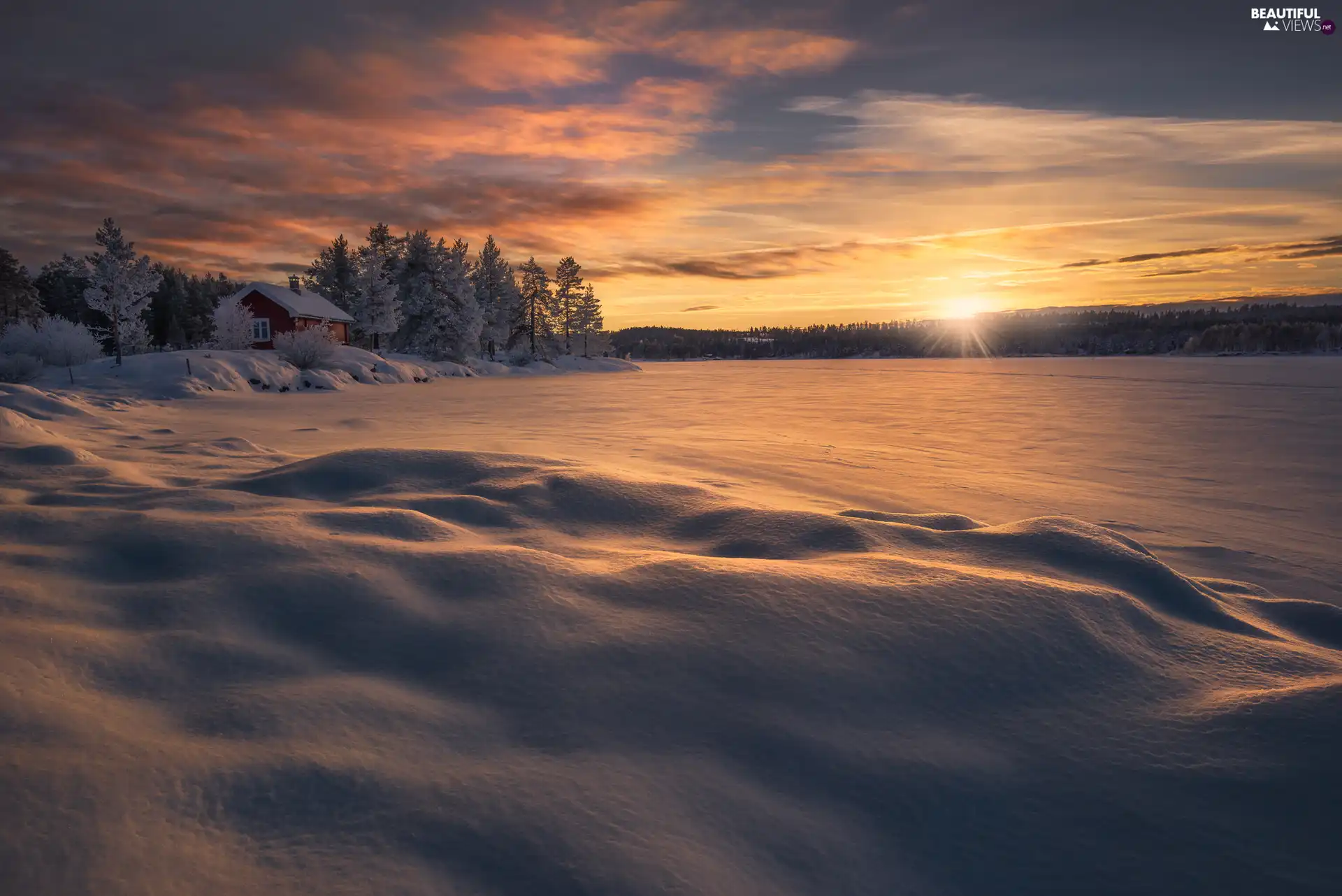 winter, house, Great Sunsets, trees, lake, Ringerike, Norway, viewes