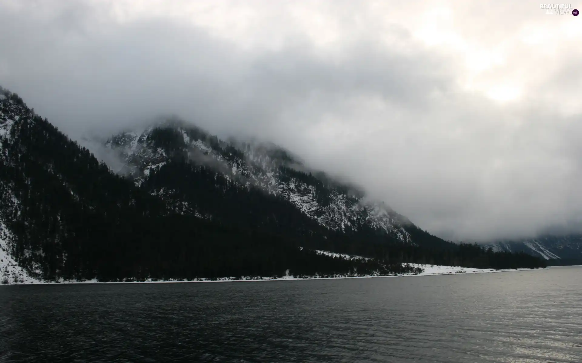 River, Fog, winter, Mountains