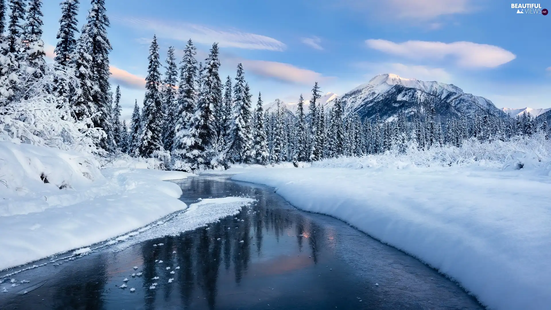forest, Mountains, viewes, winter, trees, River