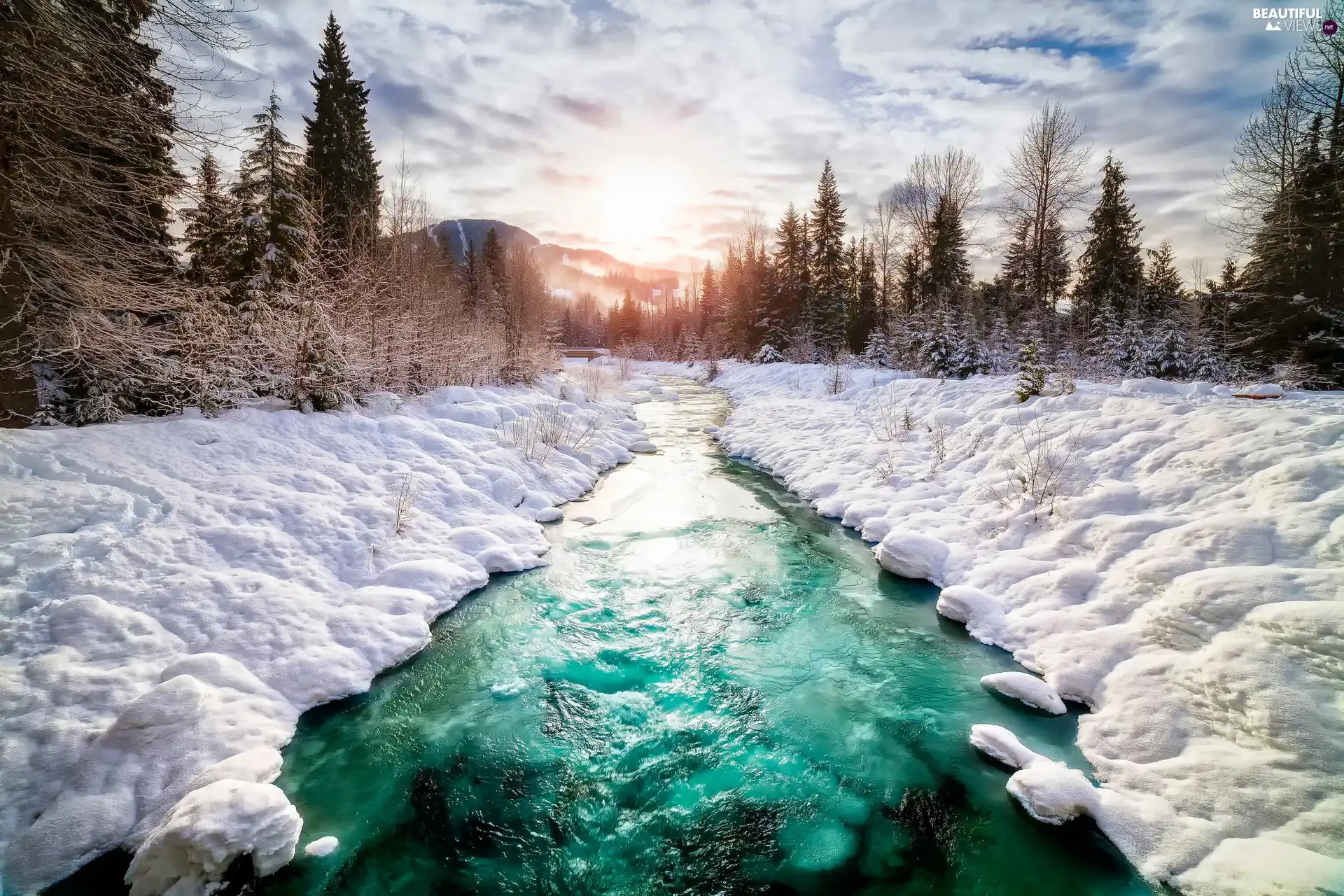 winter, River, snow