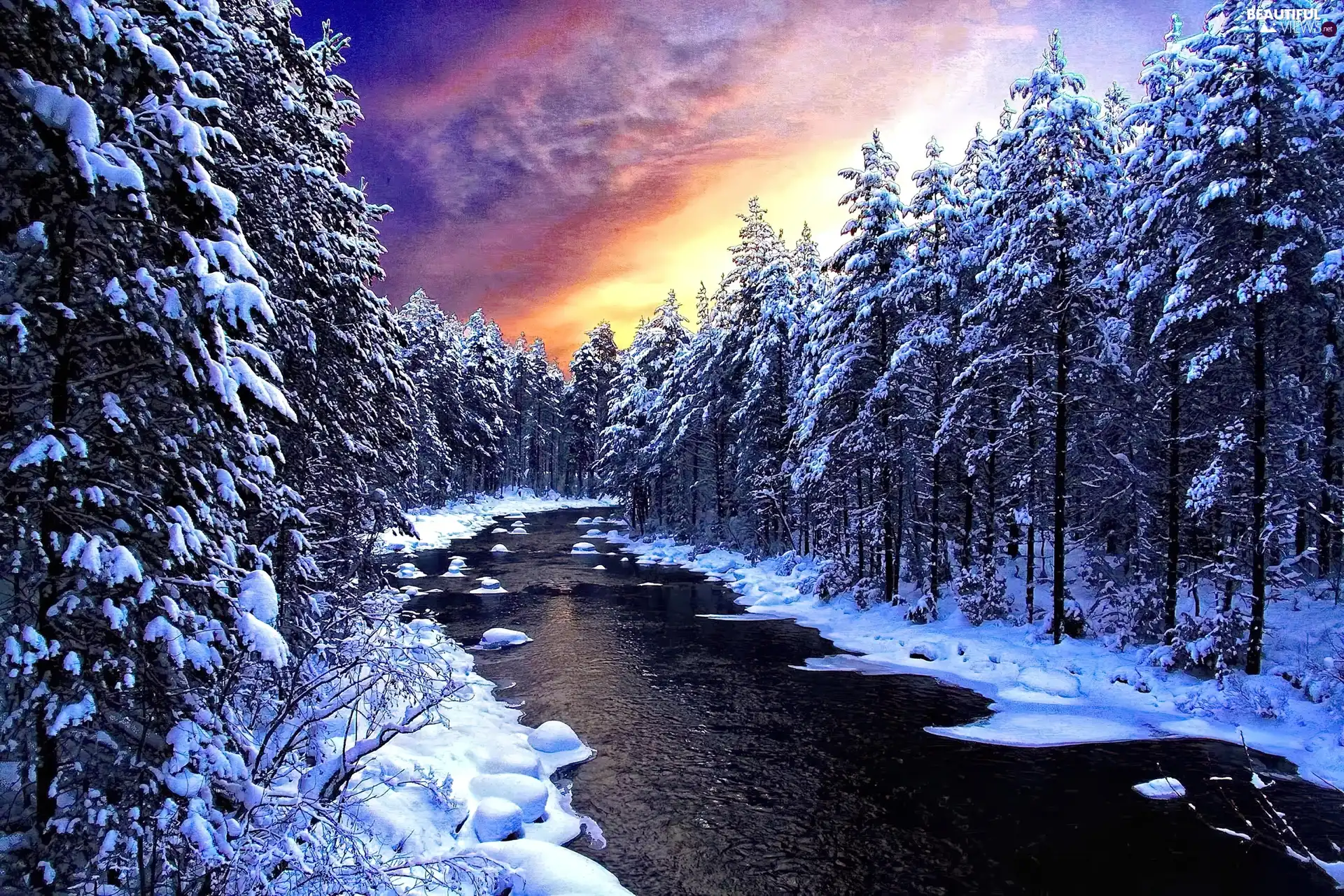 Great Sunsets, forest, winter, River