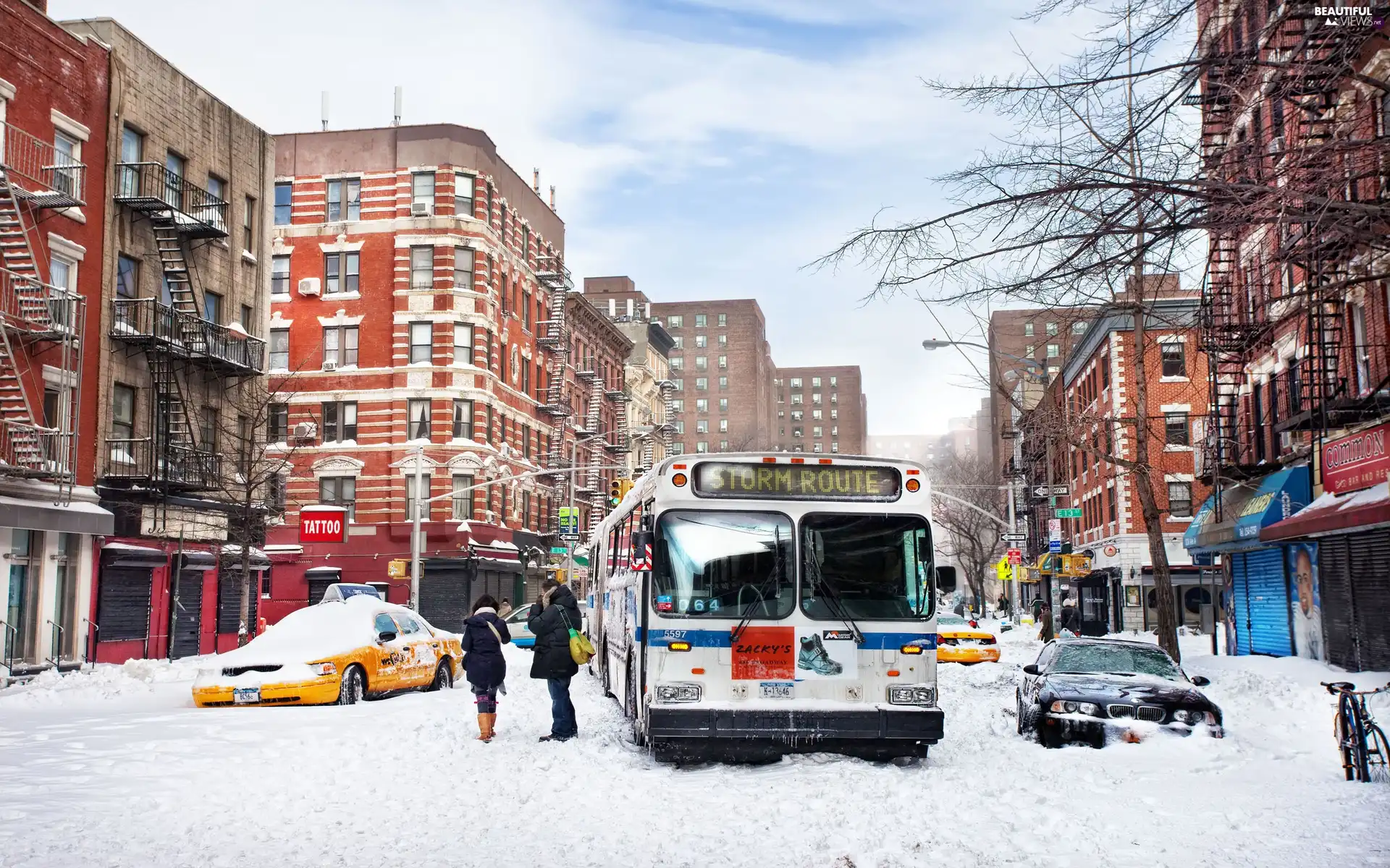 Automobile, New York, People, winter, The United States, bus, snow