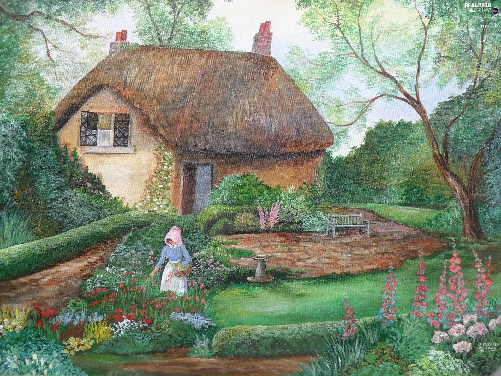 Women, house, Garden